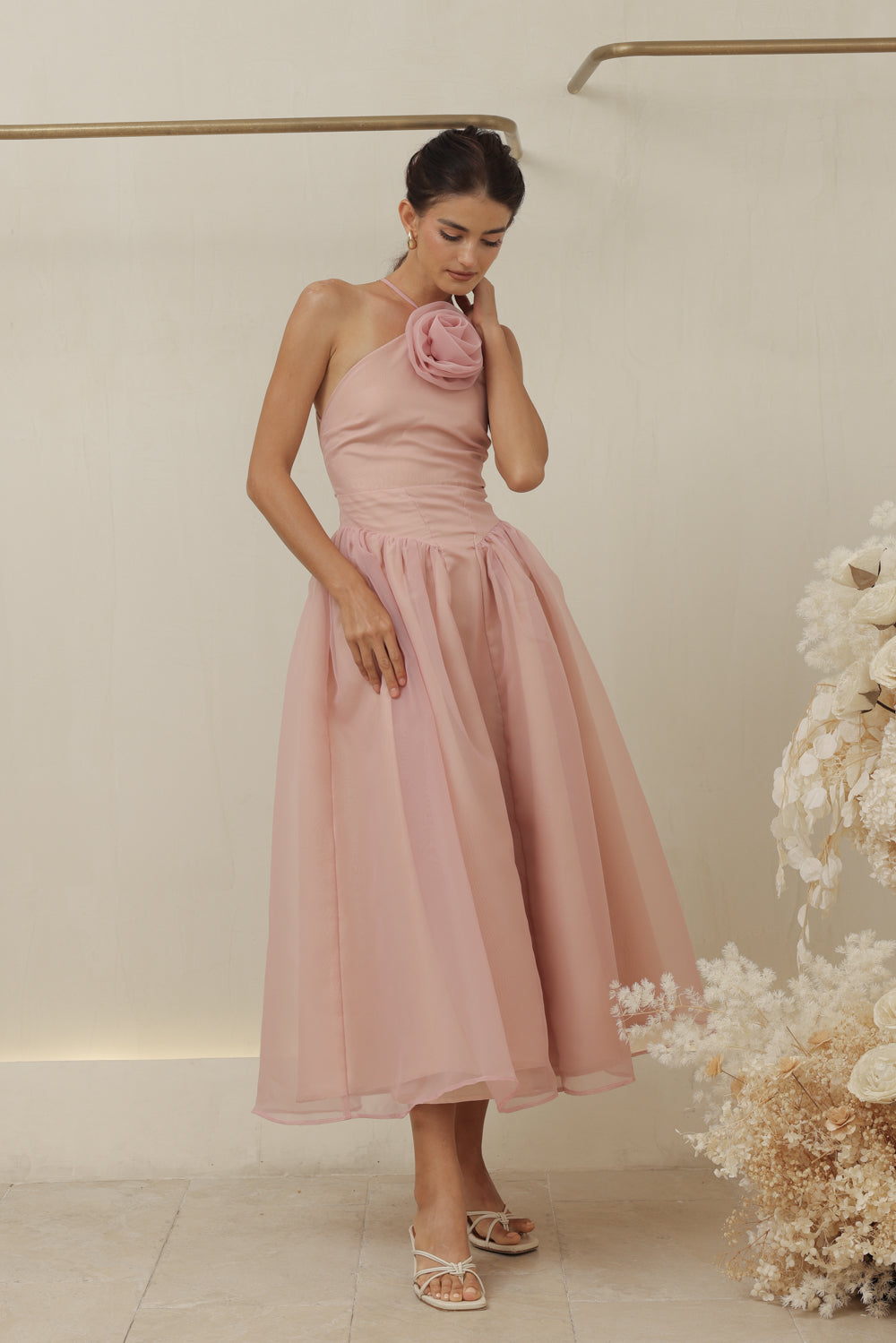 CELESTE Sleeveless Baroque Style Waist  Midi Dress with Floral Detail on Neckline (Blush Organza)