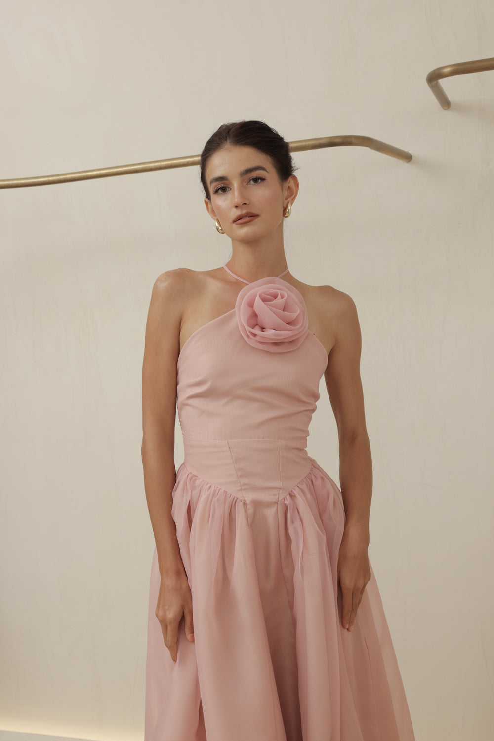 CELESTE Sleeveless Baroque Style Waist  Midi Dress with Floral Detail on Neckline (Blush Organza)