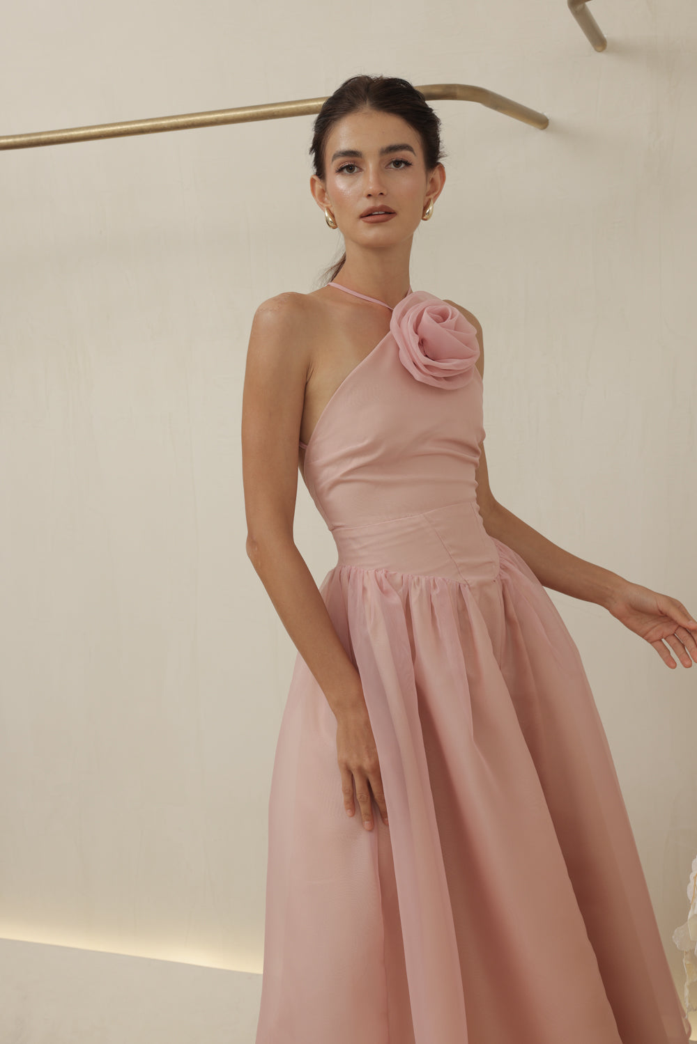 CELESTE Sleeveless Baroque Style Waist  Midi Dress with Floral Detail on Neckline (Blush Organza)