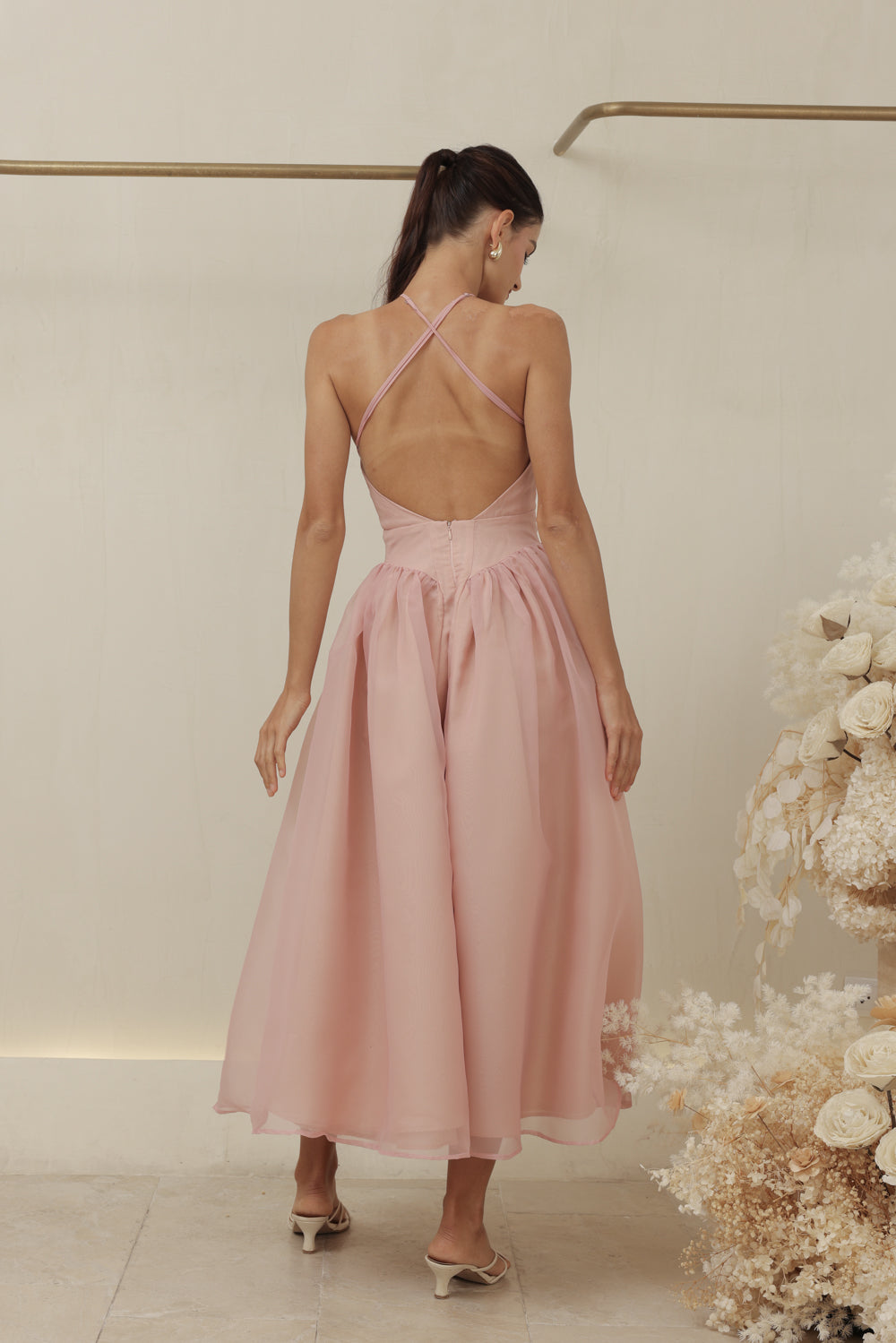 CELESTE Sleeveless Baroque Style Waist  Midi Dress with Floral Detail on Neckline (Blush Organza)