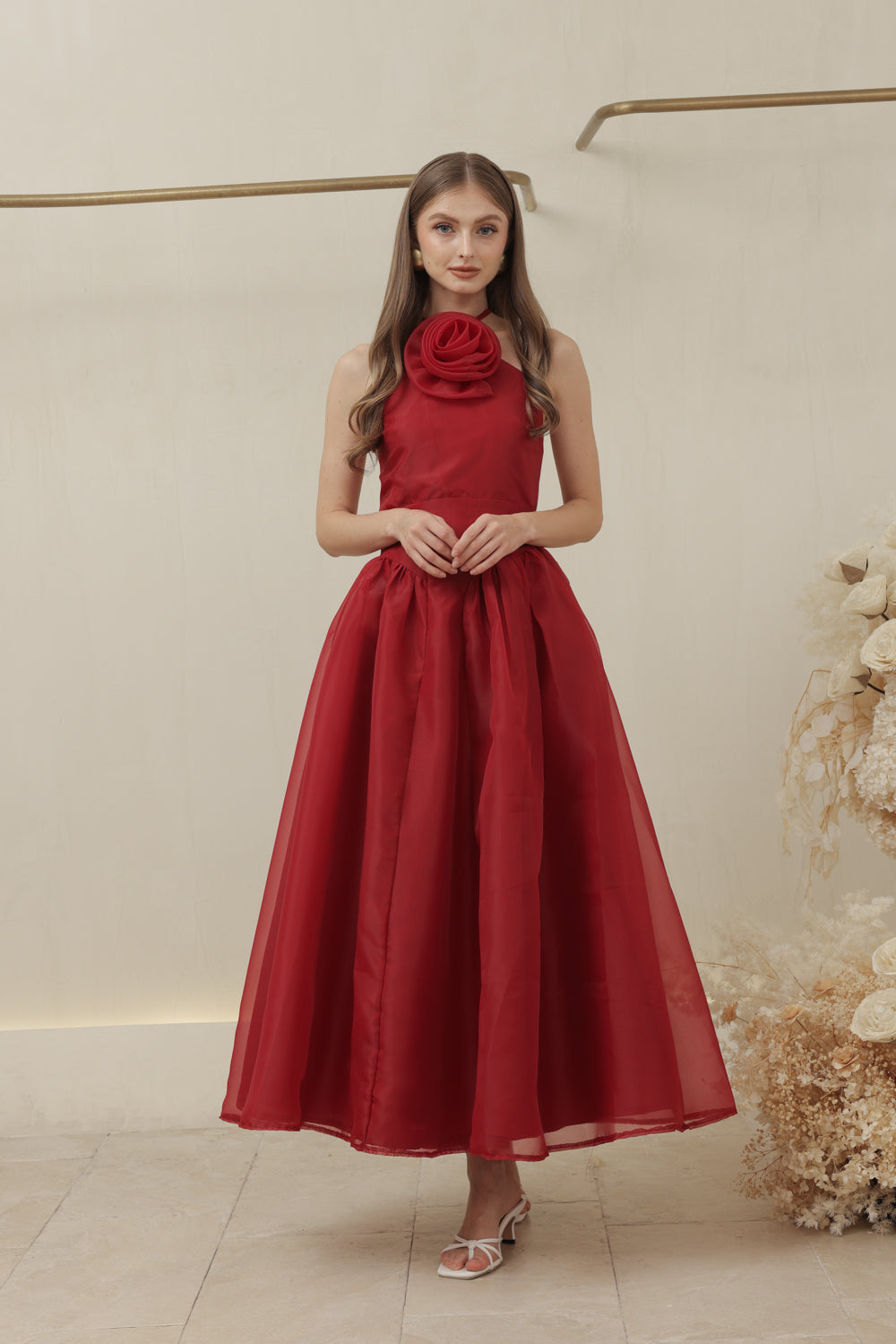 CELESTE Sleeveless Baroque Style Waist  Midi Dress with Floral Detail on Neckline (Maroon Organza)