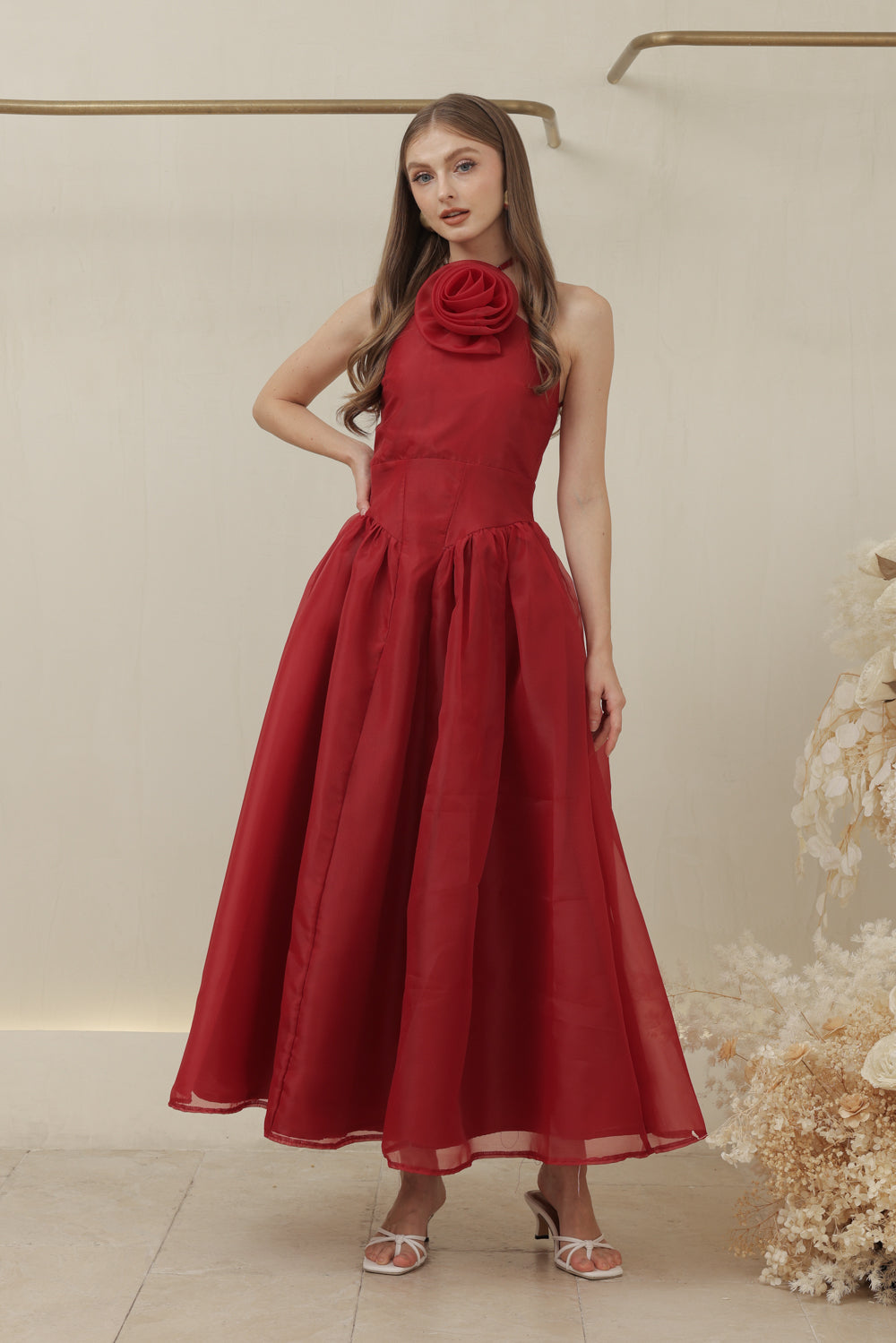 CELESTE Sleeveless Baroque Style Waist  Midi Dress with Floral Detail on Neckline (Maroon Organza)