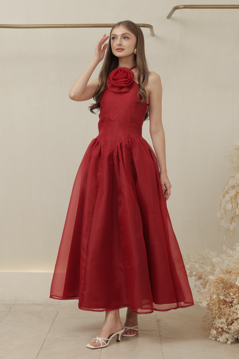 CELESTE Sleeveless Baroque Style Waist  Midi Dress with Floral Detail on Neckline (Maroon Organza)
