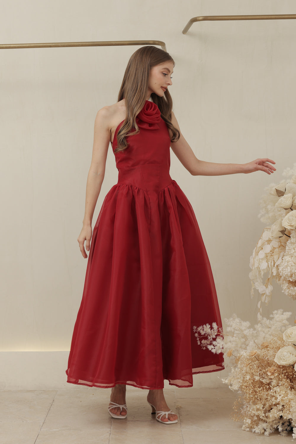 CELESTE Sleeveless Baroque Style Waist  Midi Dress with Floral Detail on Neckline (Maroon Organza)