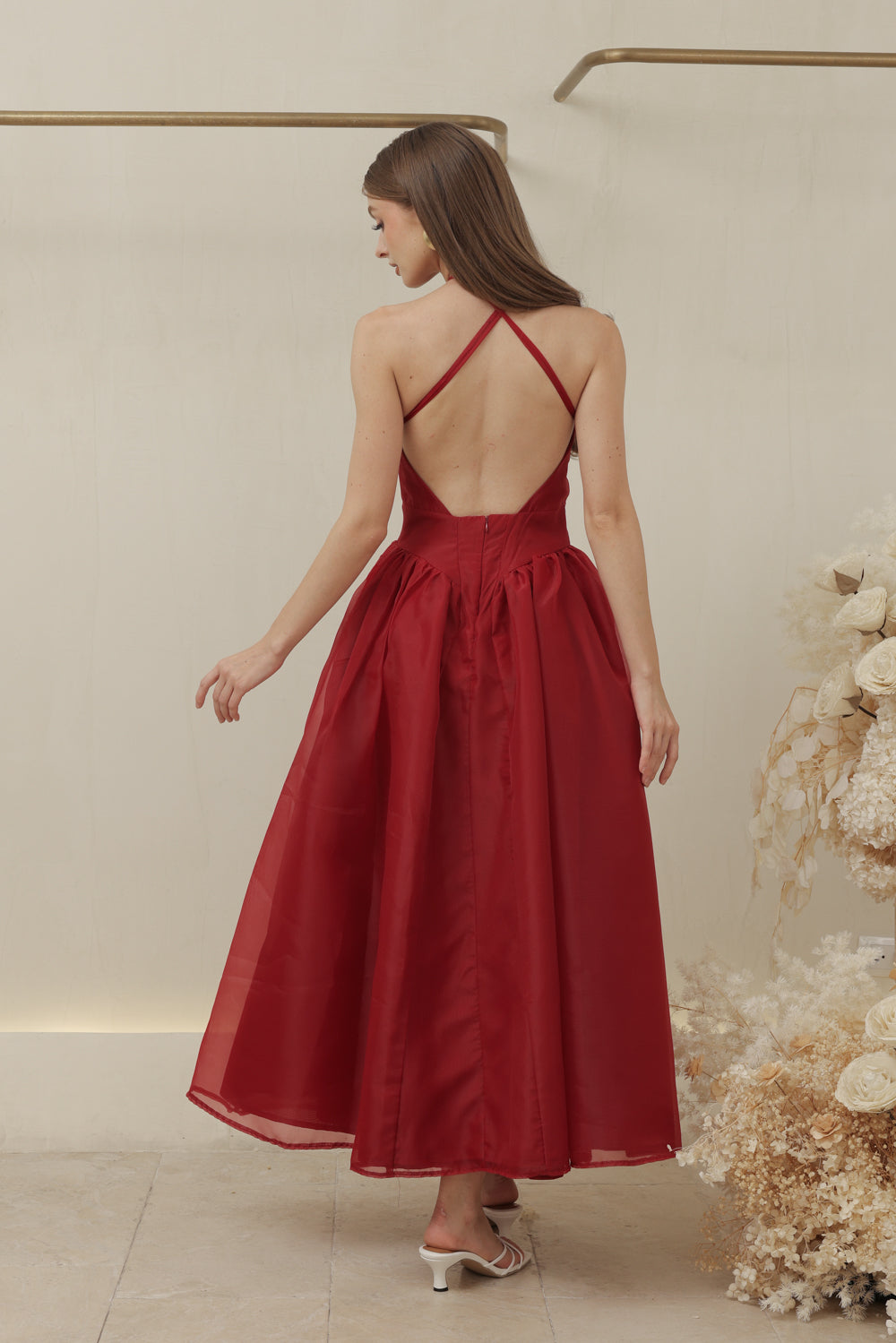 CELESTE Sleeveless Baroque Style Waist  Midi Dress with Floral Detail on Neckline (Maroon Organza)
