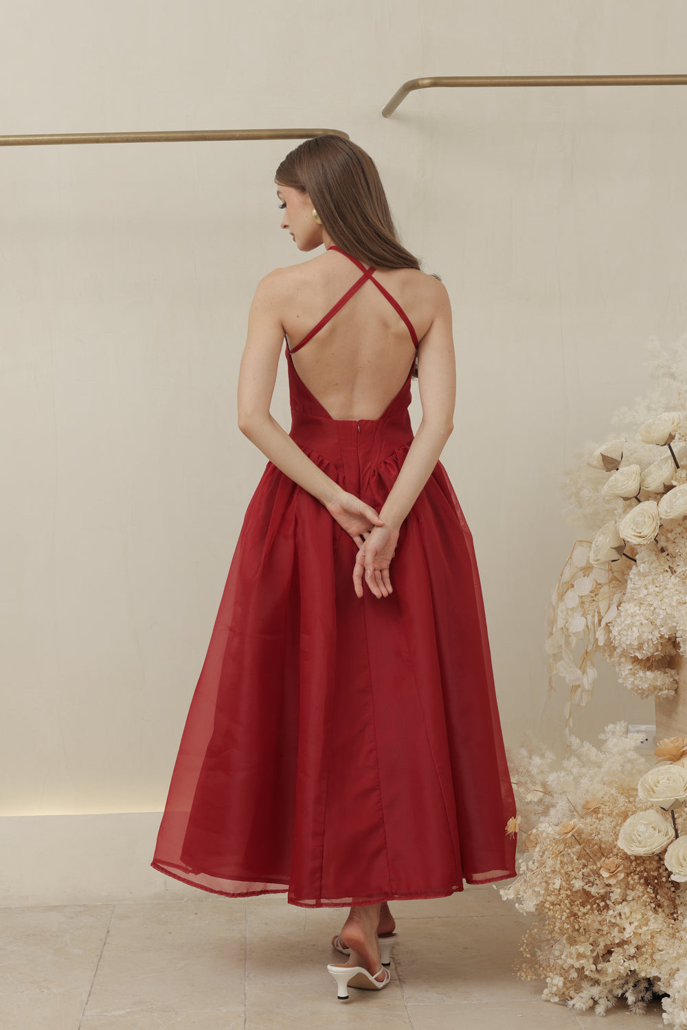 CELESTE Sleeveless Baroque Style Waist  Midi Dress with Floral Detail on Neckline (Maroon Organza)