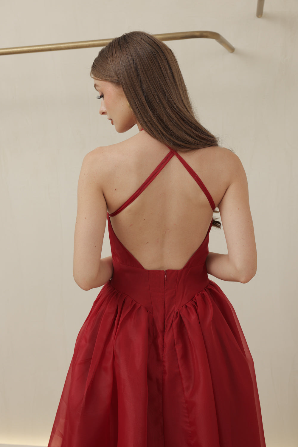 CELESTE Sleeveless Baroque Style Waist  Midi Dress with Floral Detail on Neckline (Maroon Organza)