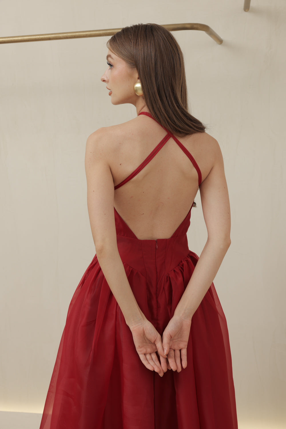 CELESTE Sleeveless Baroque Style Waist  Midi Dress with Floral Detail on Neckline (Maroon Organza)