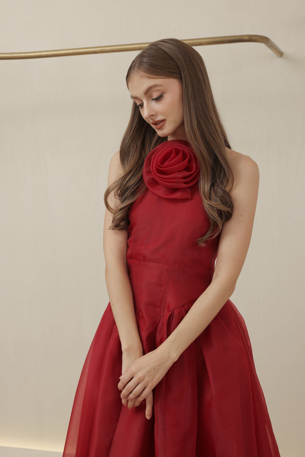 CELESTE Sleeveless Baroque Style Waist  Midi Dress with Floral Detail on Neckline (Maroon Organza)