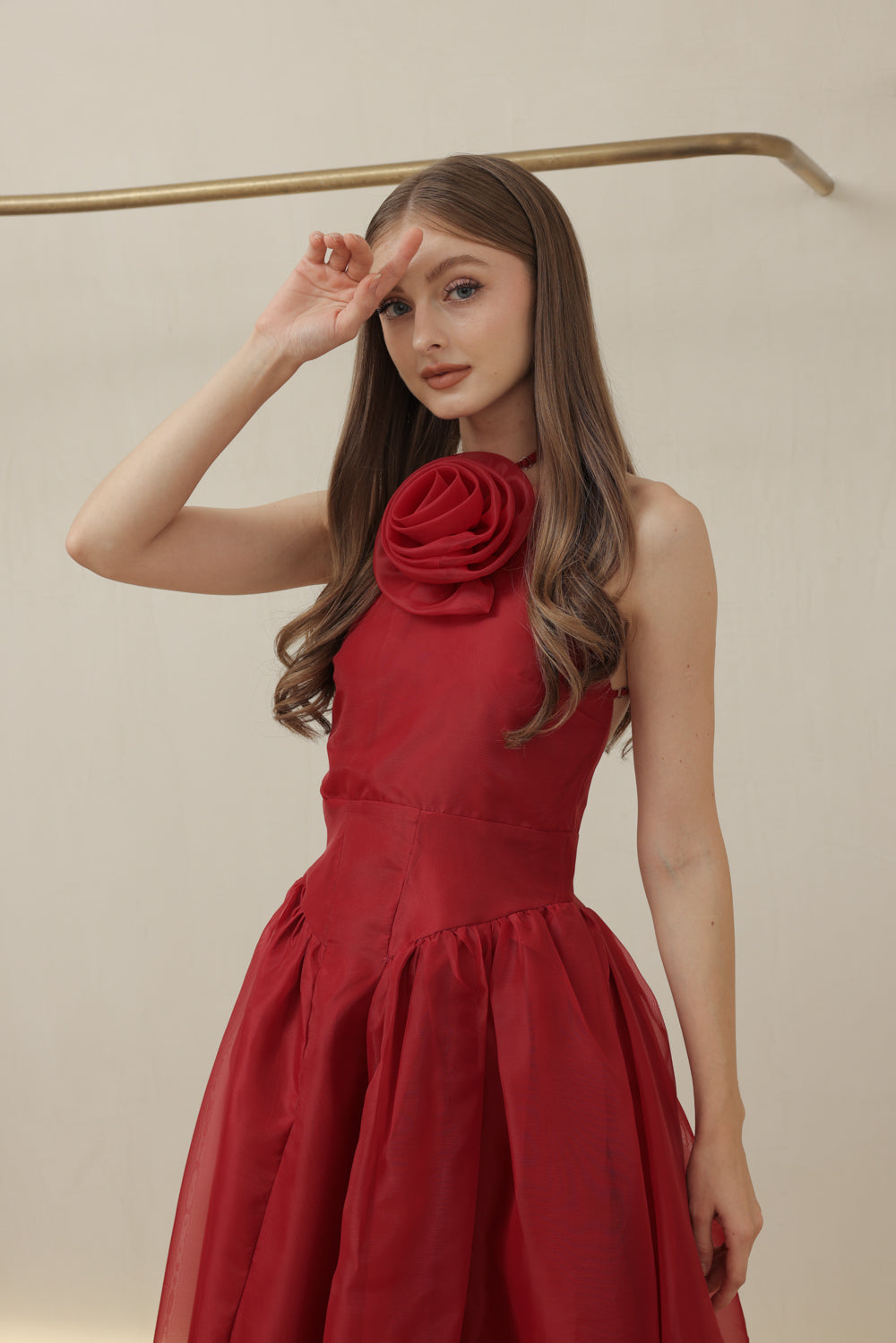 CELESTE Sleeveless Baroque Style Waist  Midi Dress with Floral Detail on Neckline (Maroon Organza)