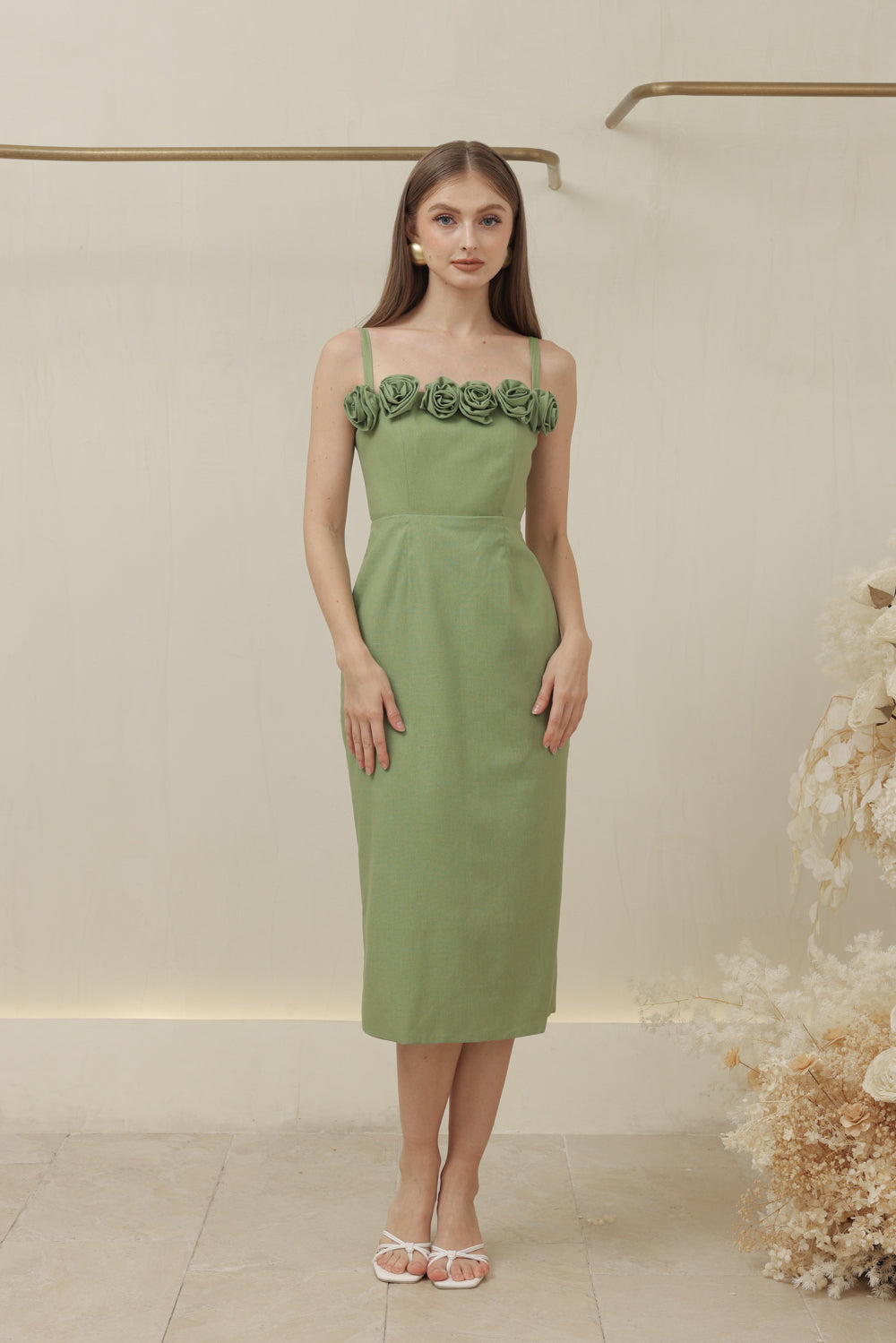 MONET DRESS Straight Neckline Strappy Midi Pencil Skirt Dress with Floral Details (Avocado Green Linen)