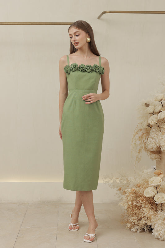 MONET DRESS Straight Neckline Strappy Midi Pencil Skirt Dress with Floral Details (Avocado Green Linen)