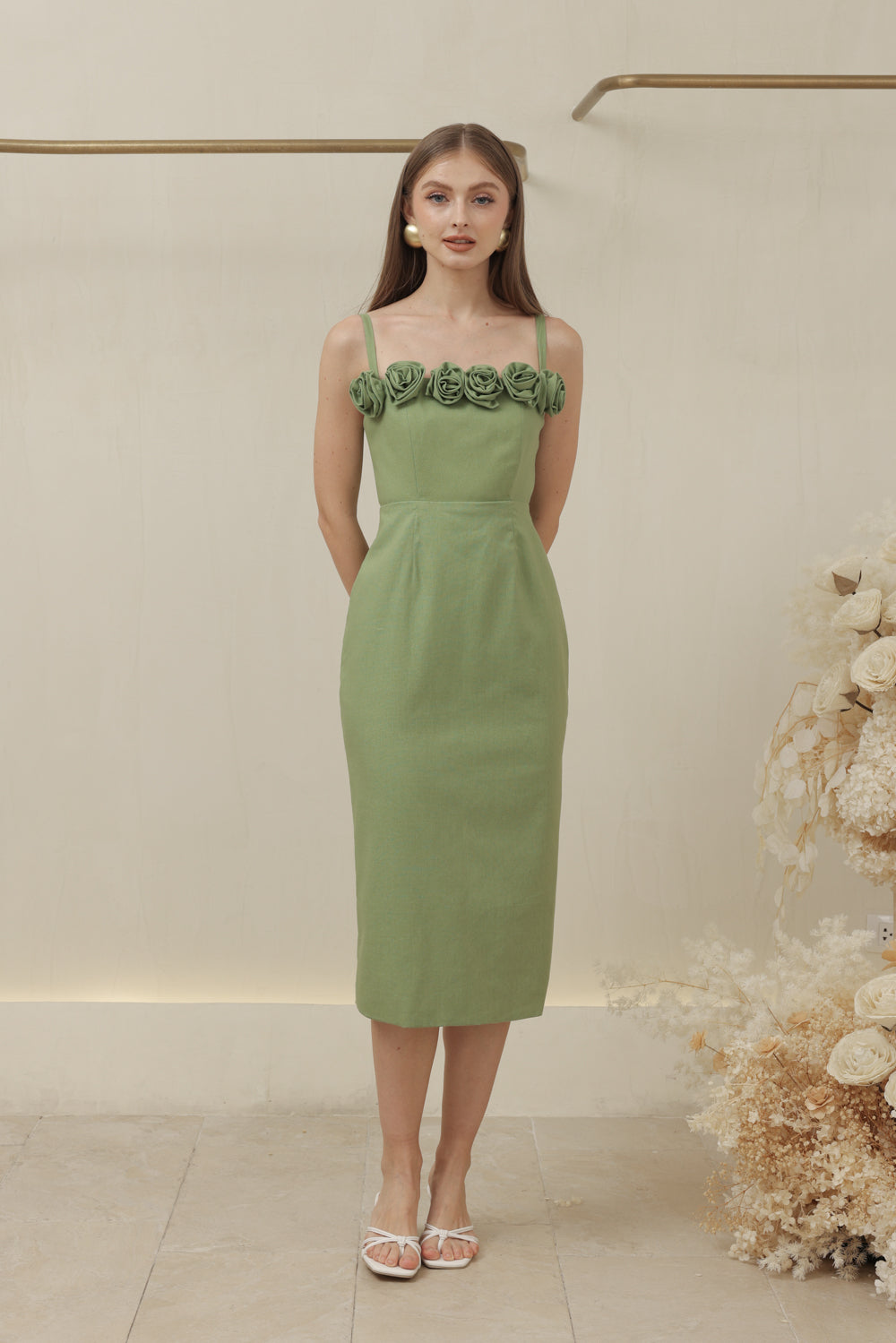 MONET DRESS Straight Neckline Strappy Midi Pencil Skirt Dress with Floral Details (Avocado Green Linen)