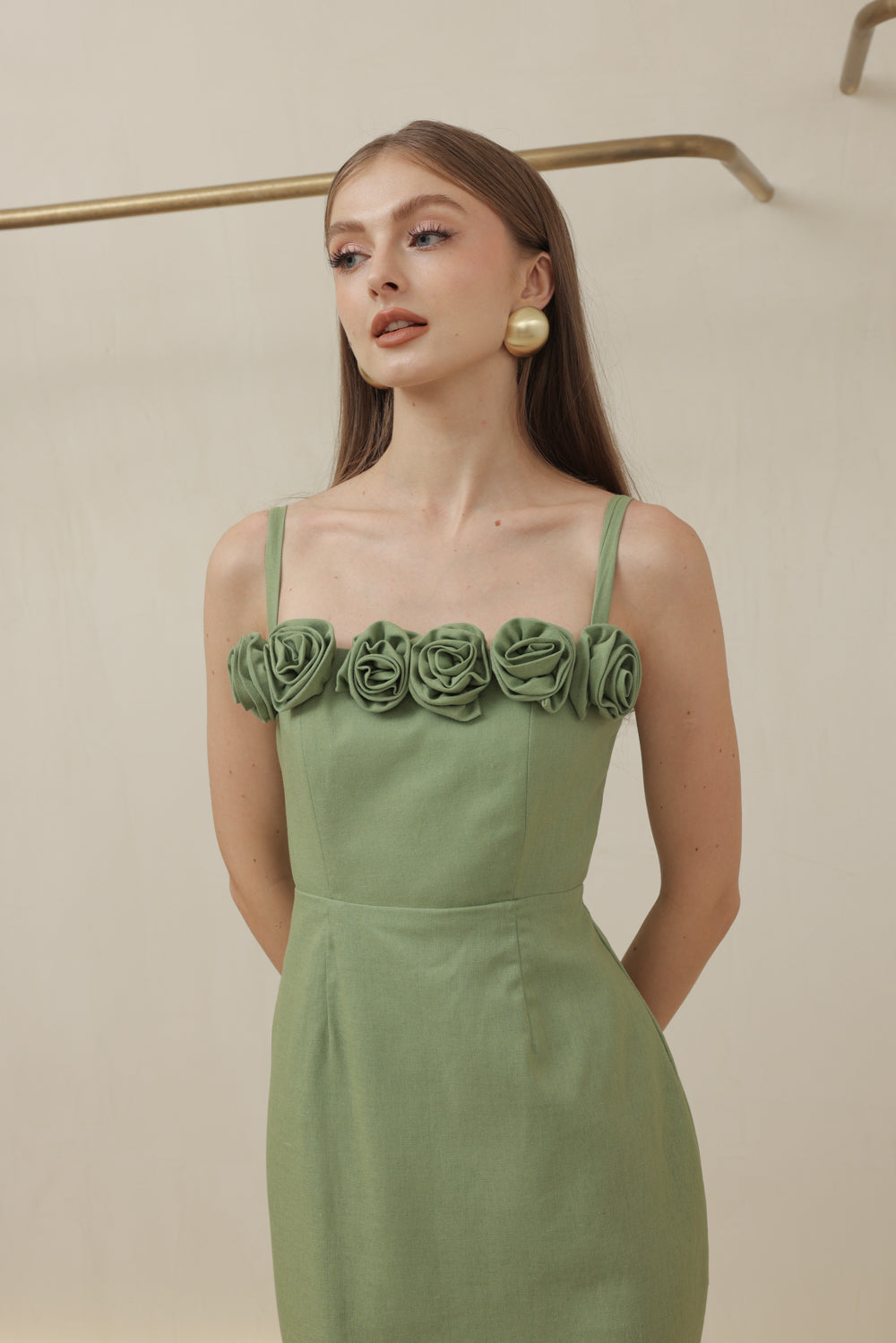 MONET DRESS Straight Neckline Strappy Midi Pencil Skirt Dress with Floral Details (Avocado Green Linen)