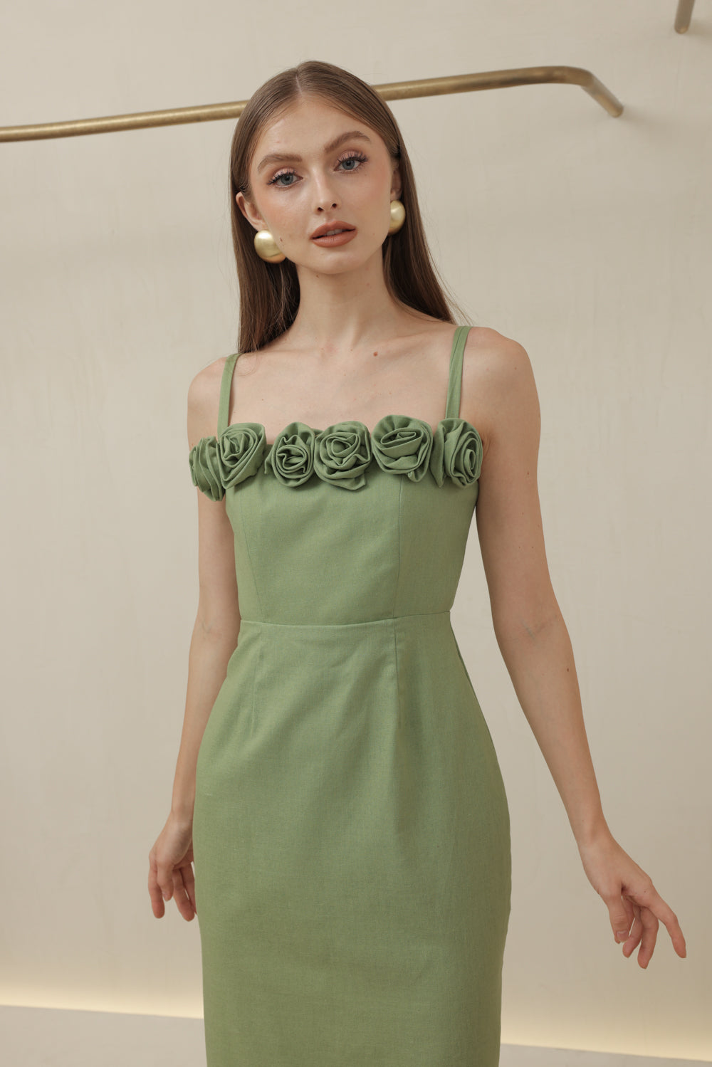 MONET DRESS Straight Neckline Strappy Midi Pencil Skirt Dress with Floral Details (Avocado Green Linen)