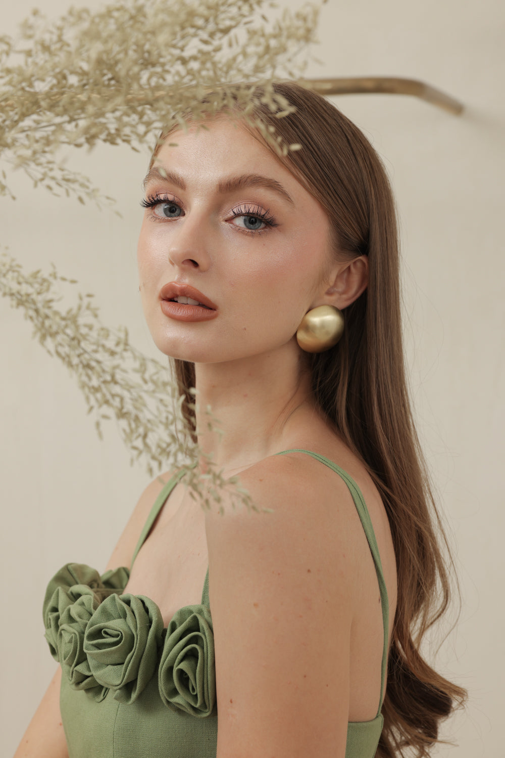 MONET DRESS Straight Neckline Strappy Midi Pencil Skirt Dress with Floral Details (Avocado Green Linen)