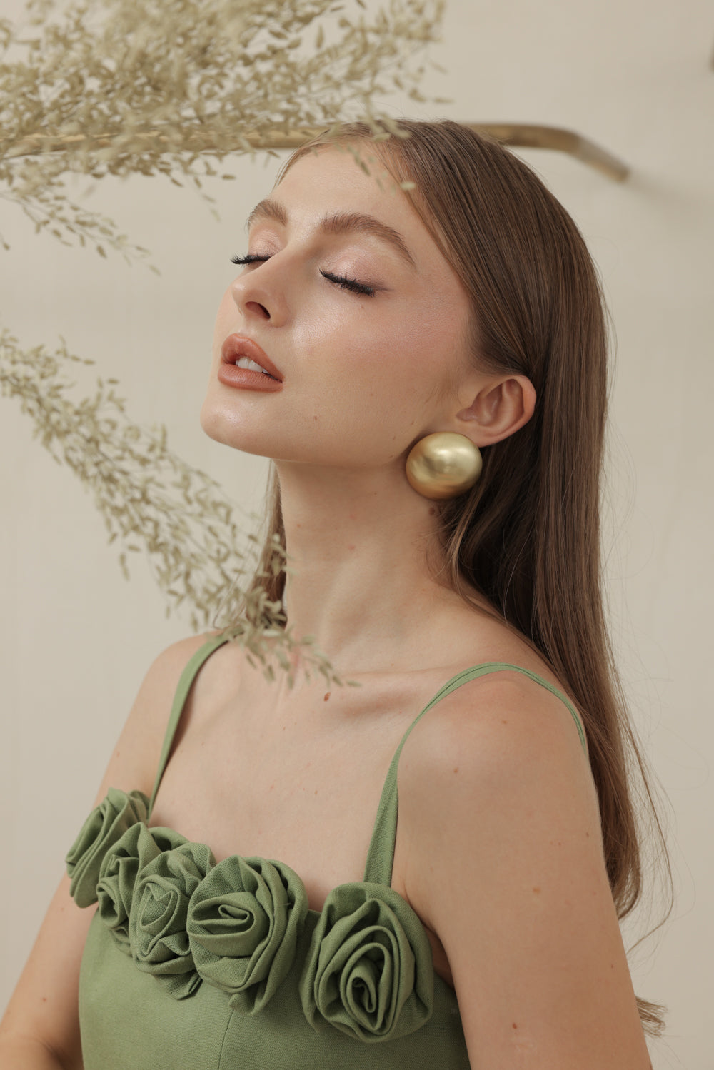 MONET DRESS Straight Neckline Strappy Midi Pencil Skirt Dress with Floral Details (Avocado Green Linen)