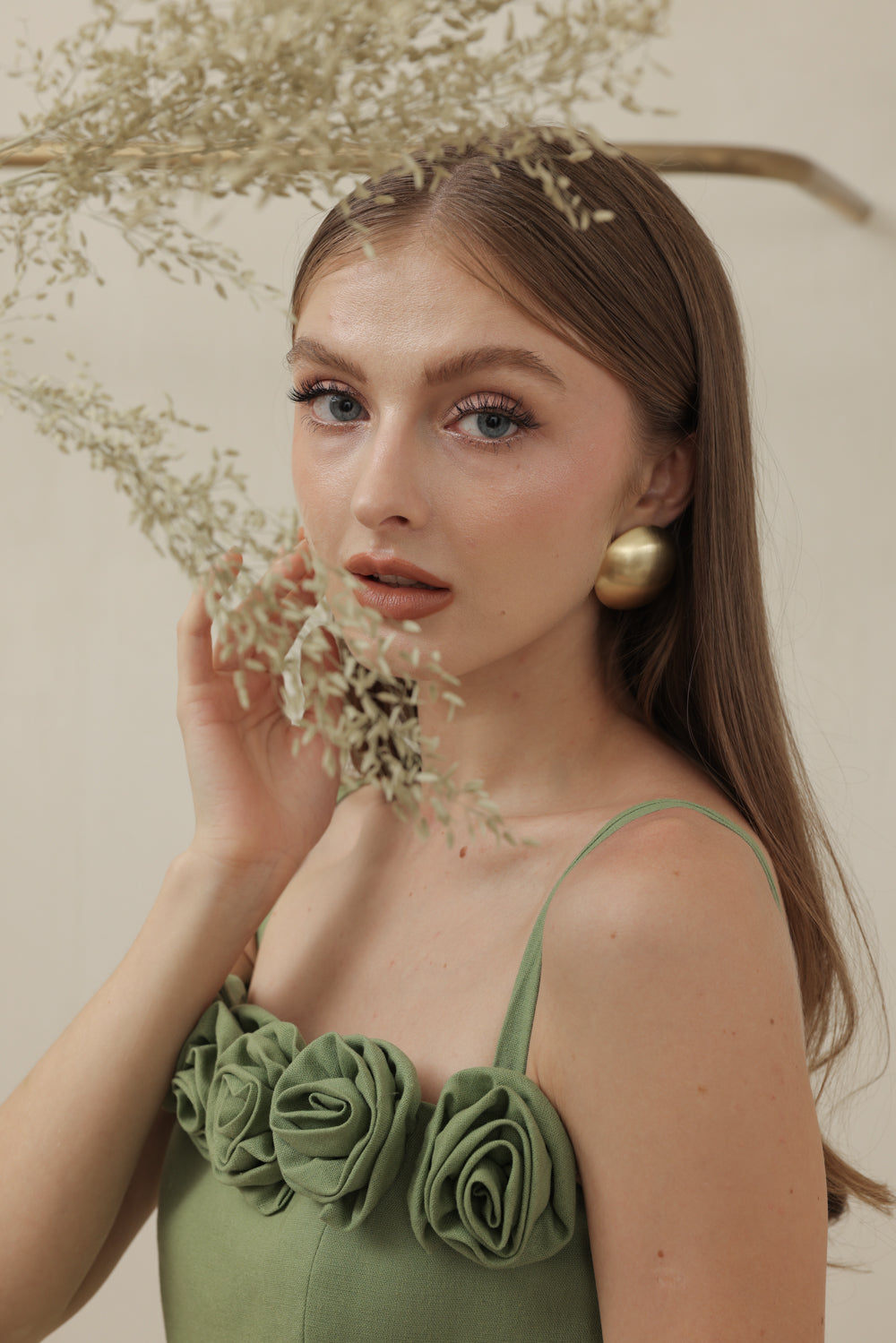 MONET DRESS Straight Neckline Strappy Midi Pencil Skirt Dress with Floral Details (Avocado Green Linen)