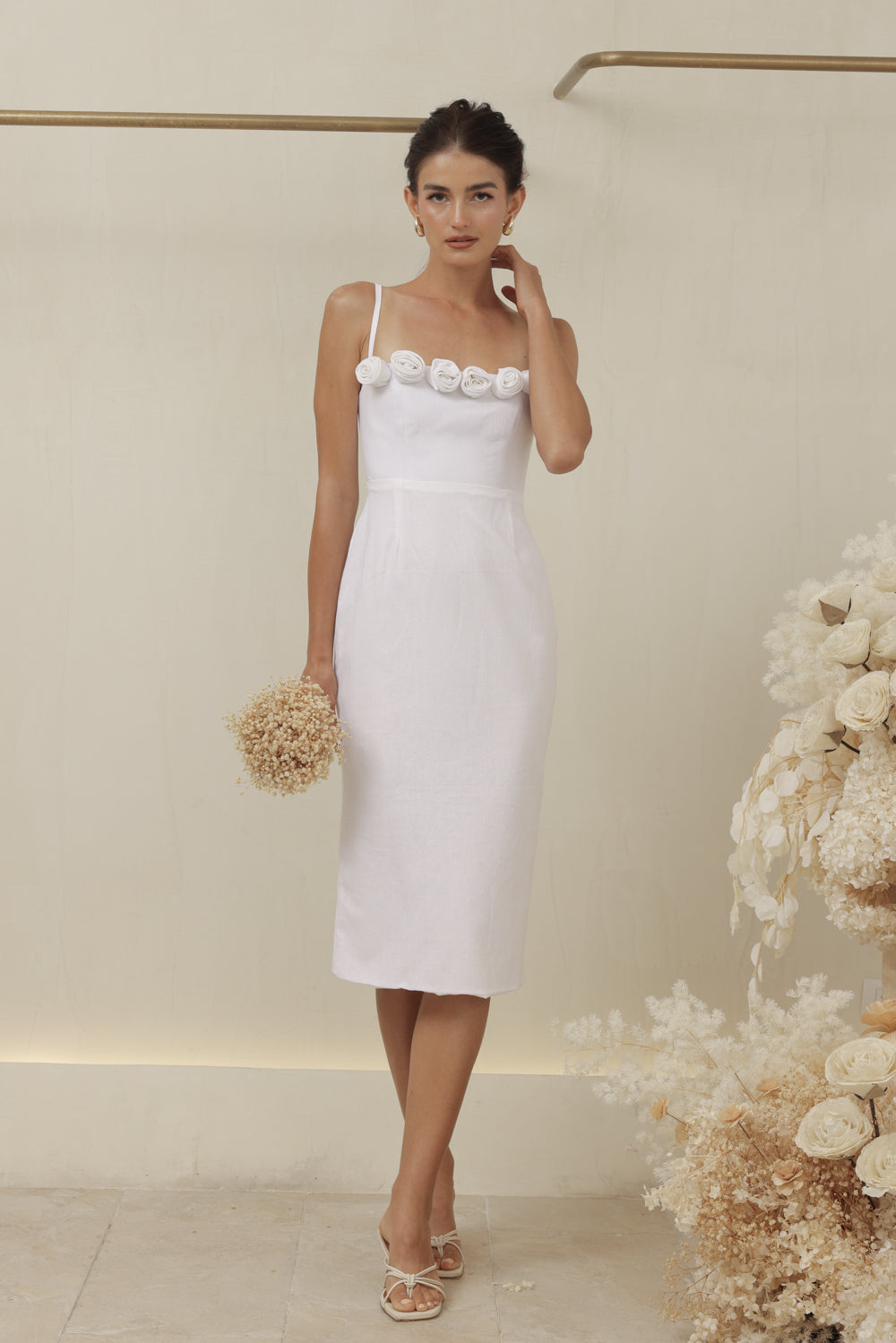 MONET DRESS Straight Neckline Strappy Midi Pencil Skirt Dress with Floral Details (White Linen)