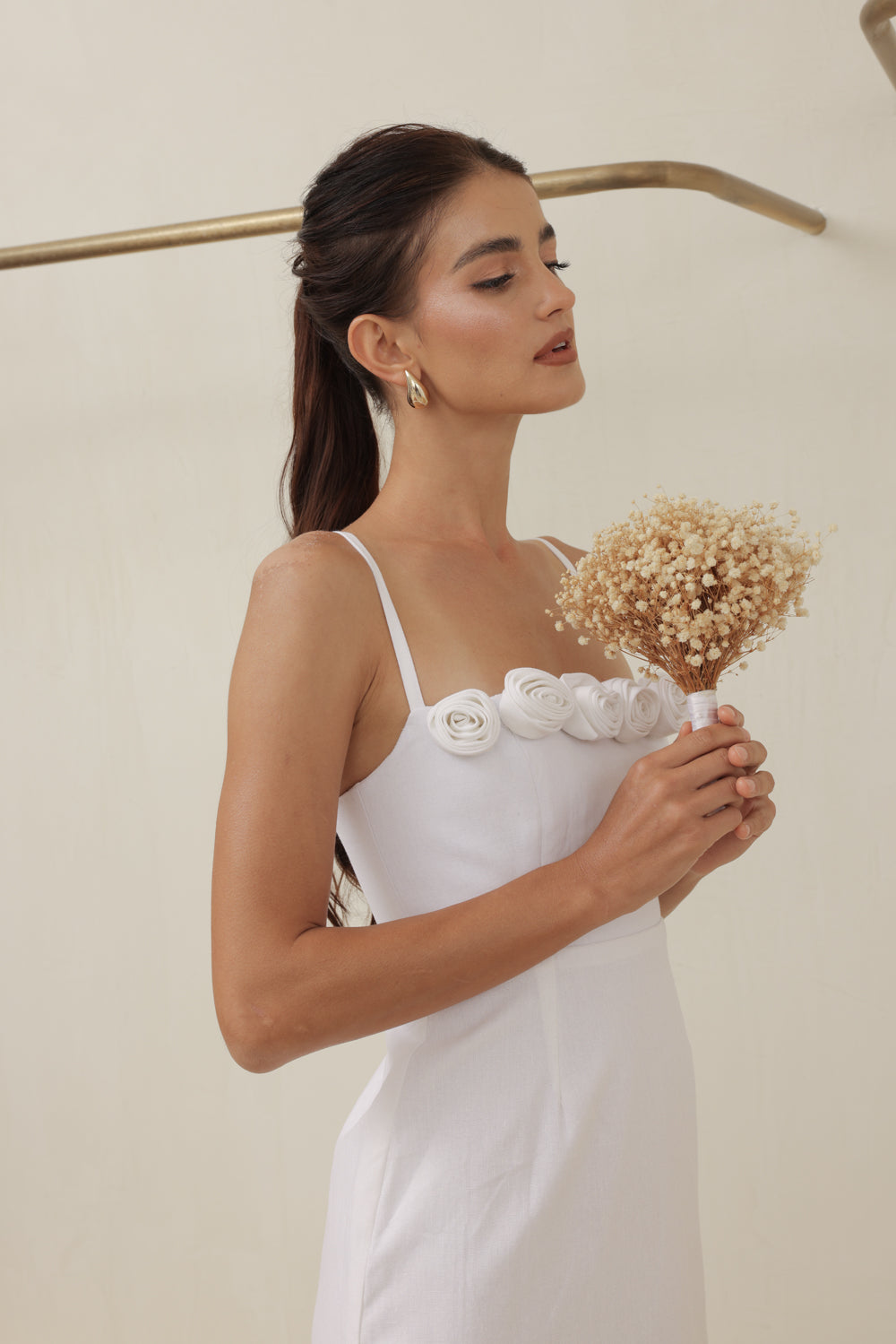 MONET DRESS Straight Neckline Strappy Midi Pencil Skirt Dress with Floral Details (White Linen)