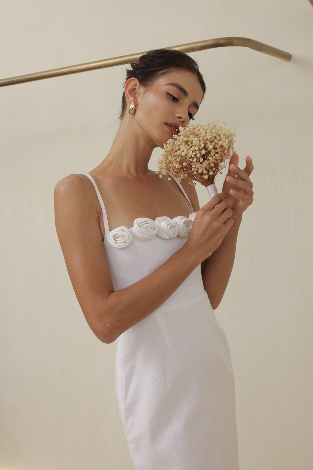 MONET DRESS Straight Neckline Strappy Midi Pencil Skirt Dress with Floral Details (White Linen)