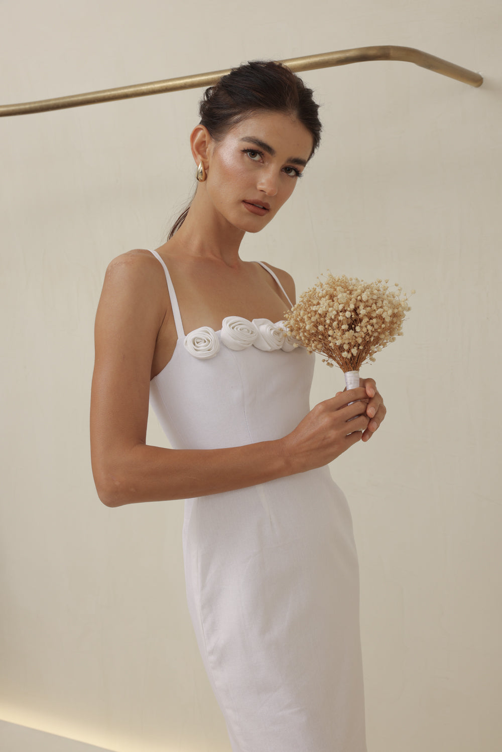 MONET DRESS Straight Neckline Strappy Midi Pencil Skirt Dress with Floral Details (White Linen)