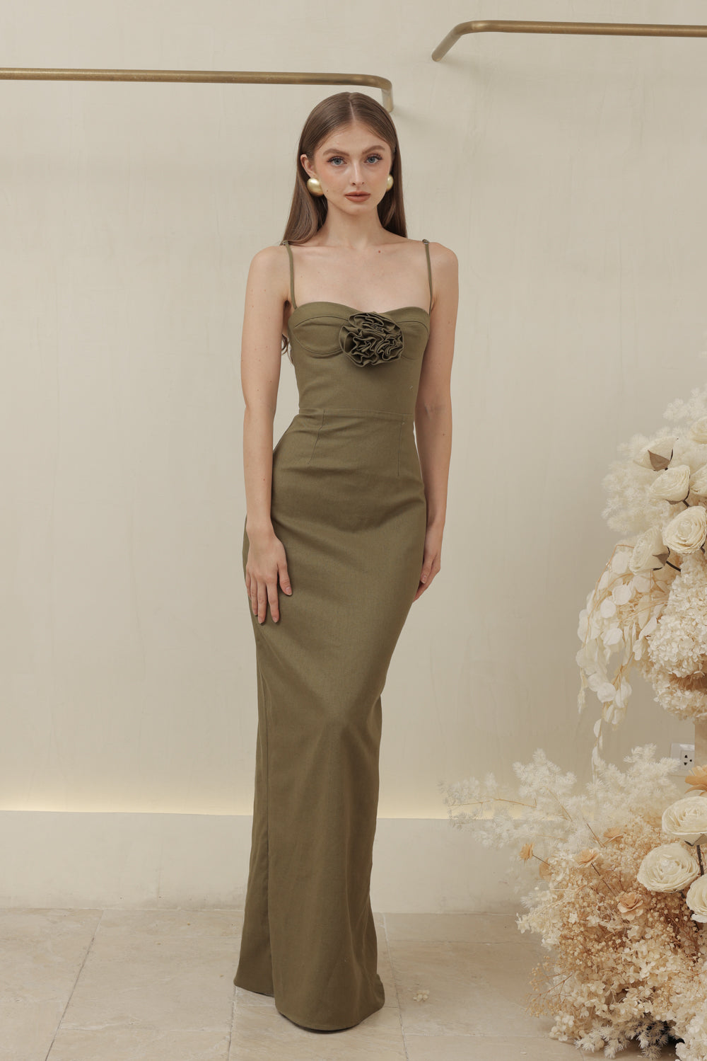 JULIETTE DRESS Strappy Pencil Skirt Maxi with Trio Floral Detail (Olive Linen)