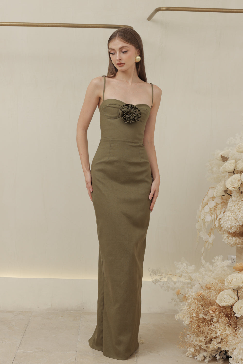 JULIETTE DRESS Strappy Pencil Skirt Maxi with Trio Floral Detail (Olive Linen)