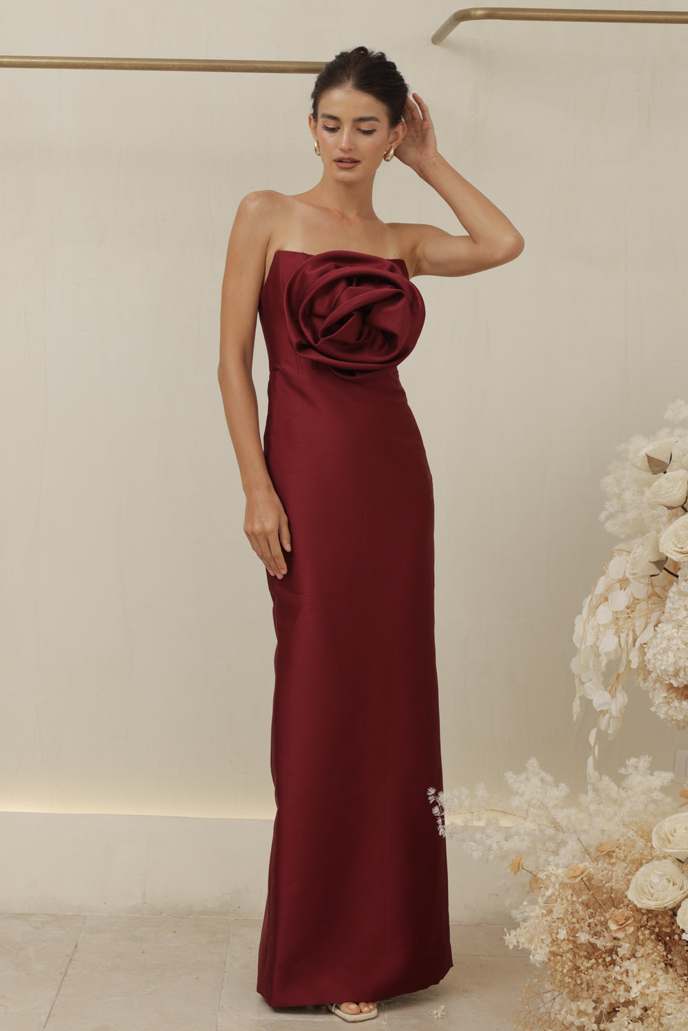 ZOO LABEL COUTURE VIVIENNE GOWN Strapless Corset Pencil Skirt Gown with Oversize Floral Detail (Dark Maroon Gazaar)