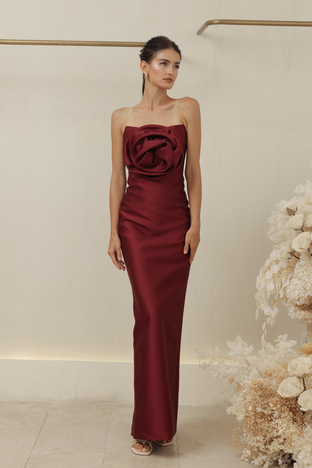 ZOO LABEL COUTURE VIVIENNE GOWN Strapless Corset Pencil Skirt Gown with Oversize Floral Detail (Dark Maroon Gazaar)