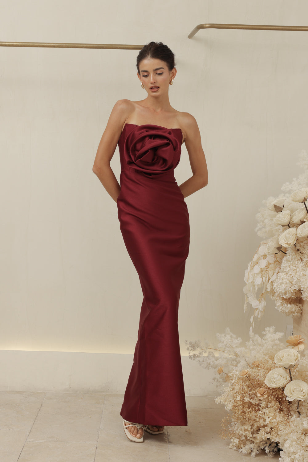 ZOO LABEL COUTURE VIVIENNE GOWN Strapless Corset Pencil Skirt Gown with Oversize Floral Detail (Dark Maroon Gazaar)
