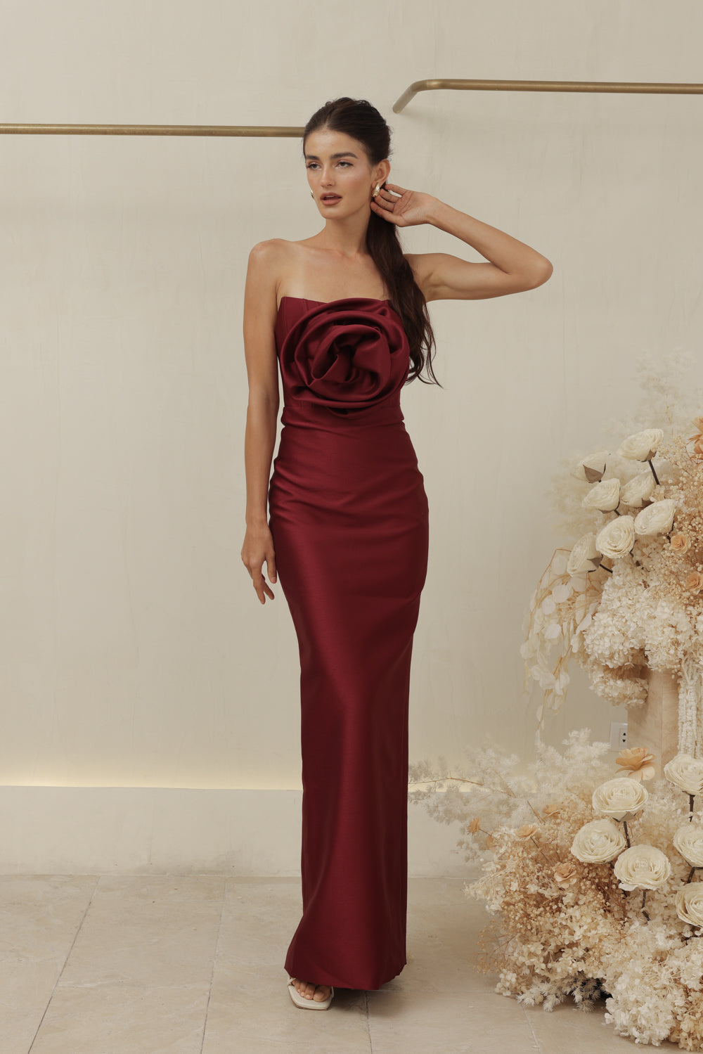 ZOO LABEL COUTURE VIVIENNE GOWN Strapless Corset Pencil Skirt Gown with Oversize Floral Detail (Dark Maroon Gazaar)