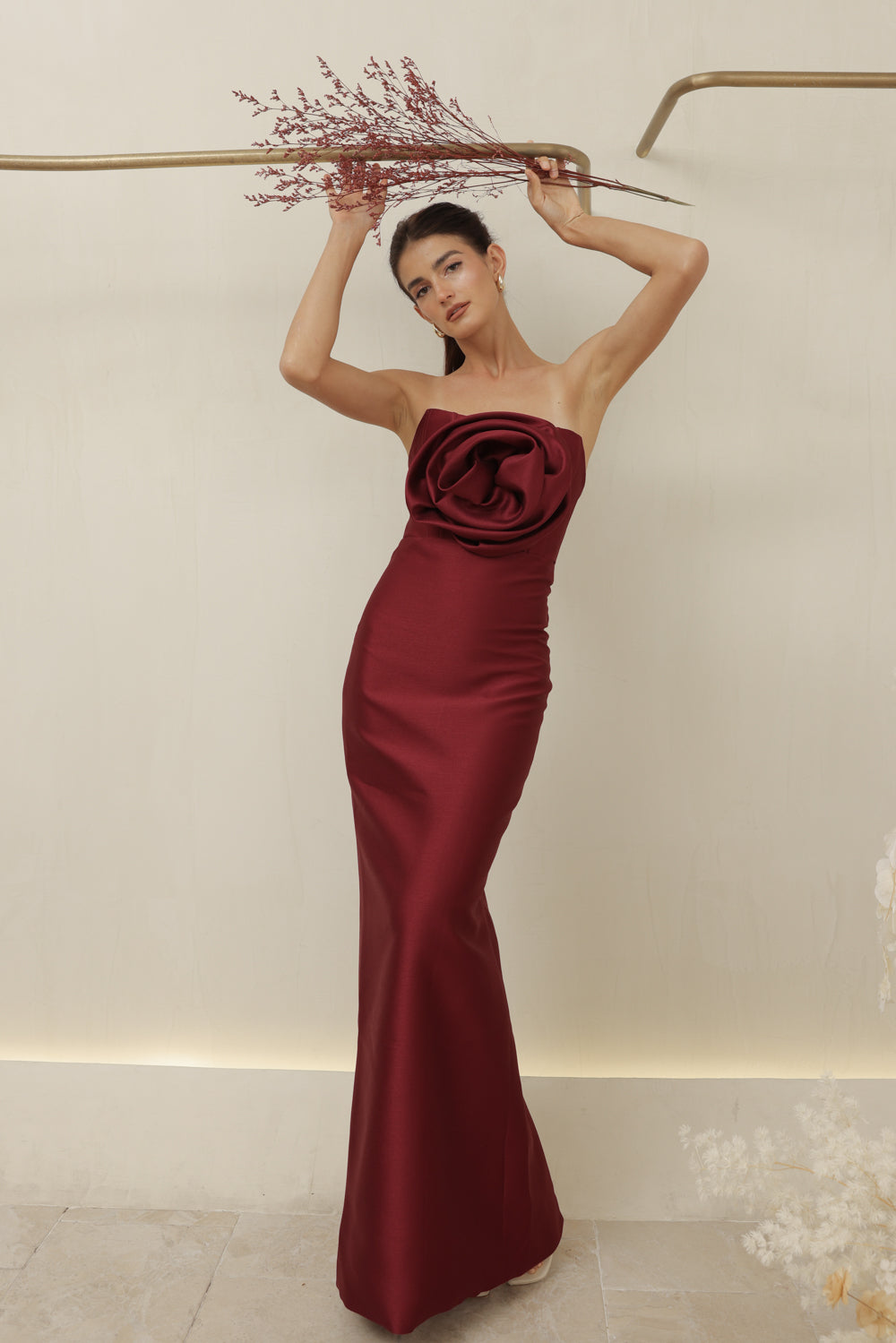 ZOO LABEL COUTURE VIVIENNE GOWN Strapless Corset Pencil Skirt Gown with Oversize Floral Detail (Dark Maroon Gazaar)