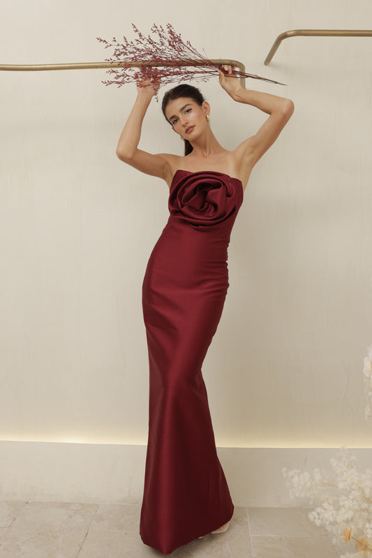 ZOO LABEL COUTURE VIVIENNE GOWN Strapless Corset Pencil Skirt Gown with Oversize Floral Detail (Dark Maroon Gazaar)