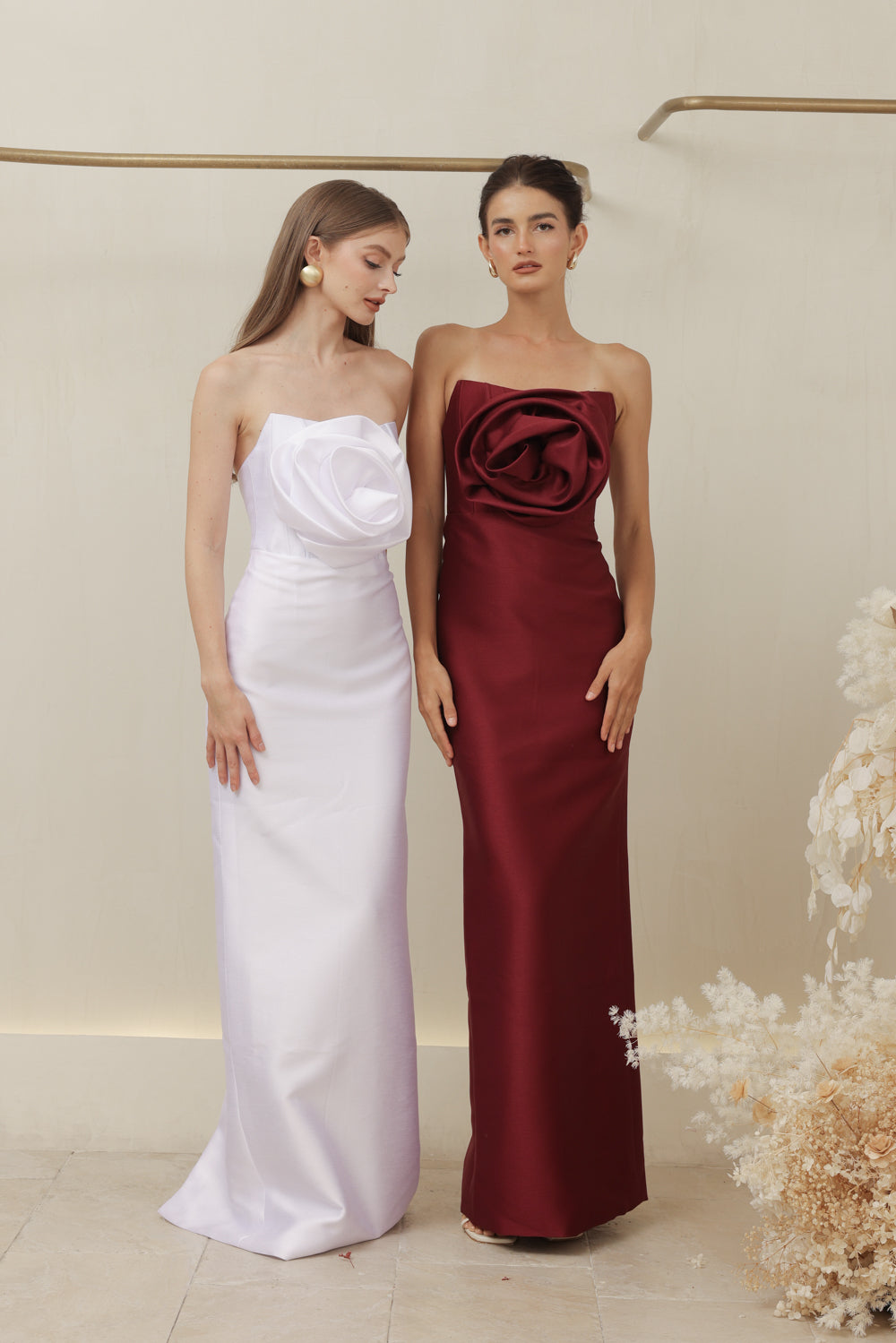 ZOO LABEL COUTURE VIVIENNE GOWN Strapless Corset Pencil Skirt Gown with Oversize Floral Detail (Dark Maroon Gazaar)