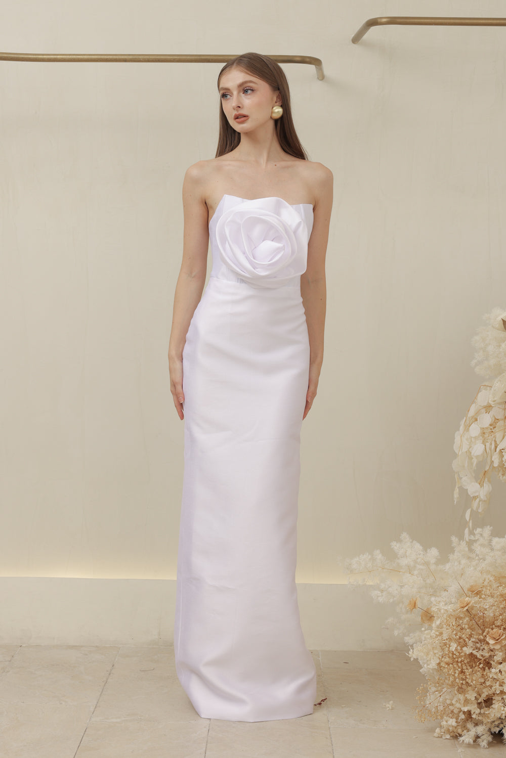 ZOO LABEL COUTURE VIVIENNE GOWN Strapless Corset Pencil Skirt Gown with Oversize Floral Detail (White Gazaar) SAME DAY DELIVERY - MEDIUM