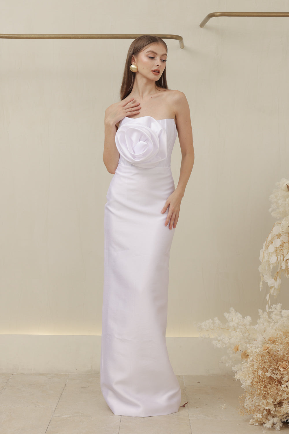 ZOO LABEL COUTURE VIVIENNE GOWN Strapless Corset Pencil Skirt Gown with Oversize Floral Detail (White Gazaar) SAME DAY DELIVERY - MEDIUM