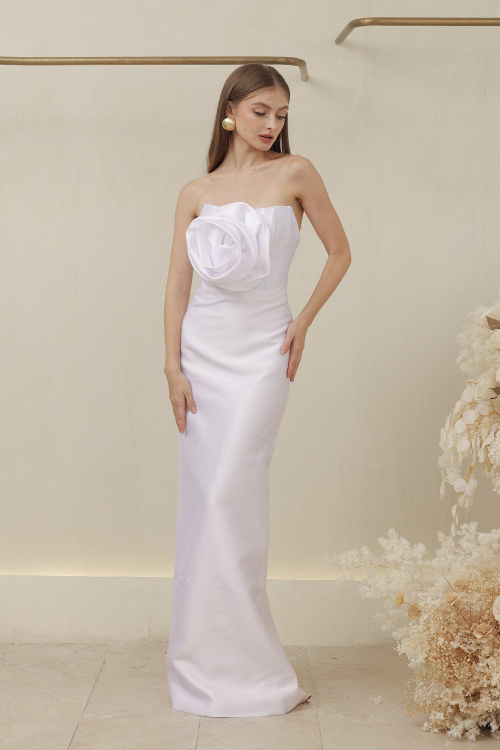 ZOO LABEL COUTURE VIVIENNE GOWN Strapless Corset Pencil Skirt Gown with Oversize Floral Detail (White Gazaar) SAME DAY DELIVERY - MEDIUM