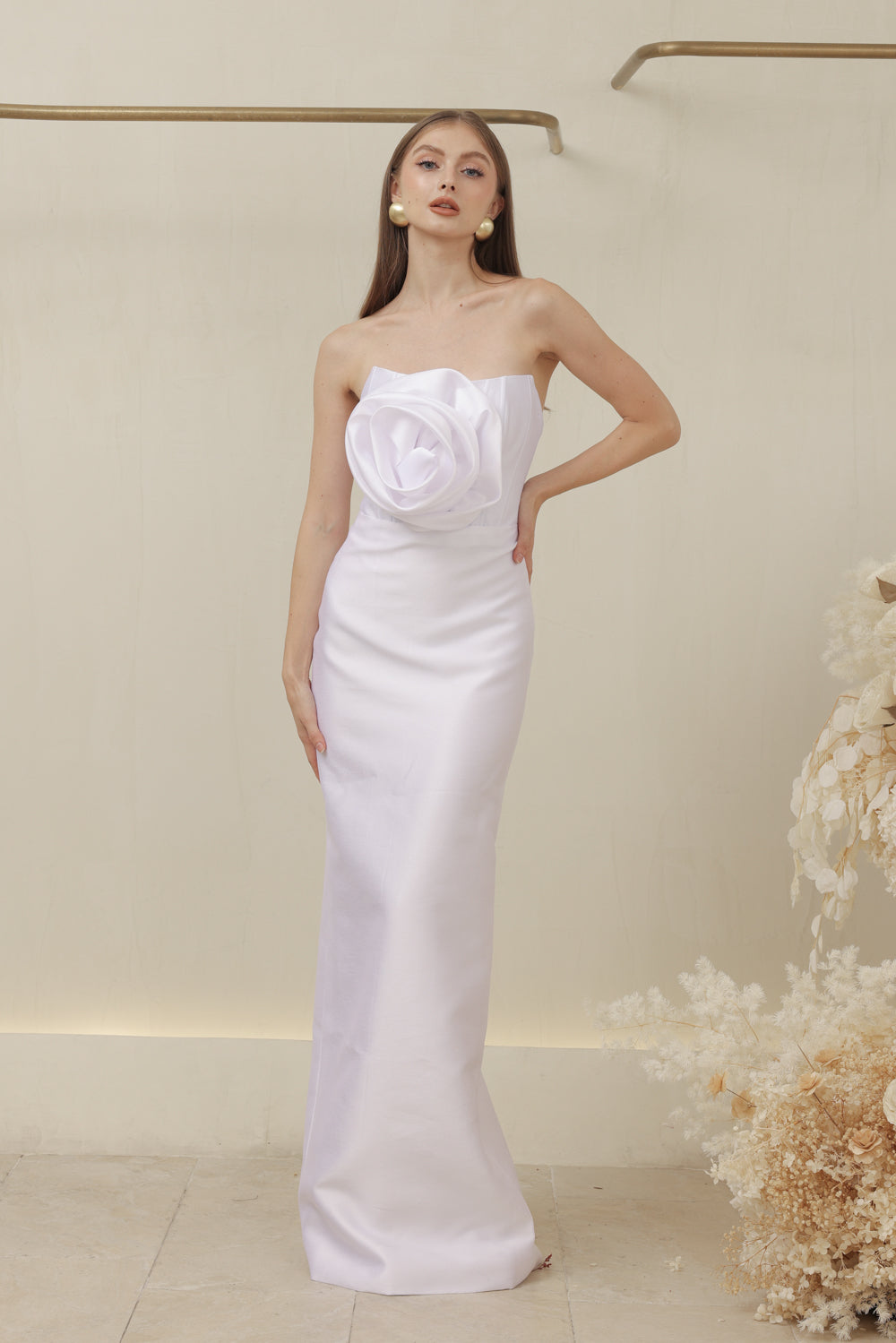 ZOO LABEL COUTURE VIVIENNE GOWN Strapless Corset Pencil Skirt Gown with Oversize Floral Detail (White Gazaar) SAME DAY DELIVERY - MEDIUM