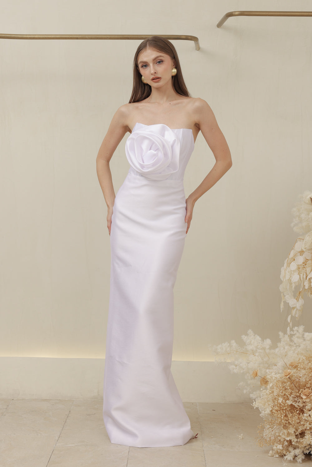ZOO LABEL COUTURE VIVIENNE GOWN Strapless Corset Pencil Skirt Gown with Oversize Floral Detail (White Gazaar) SAME DAY DELIVERY - MEDIUM