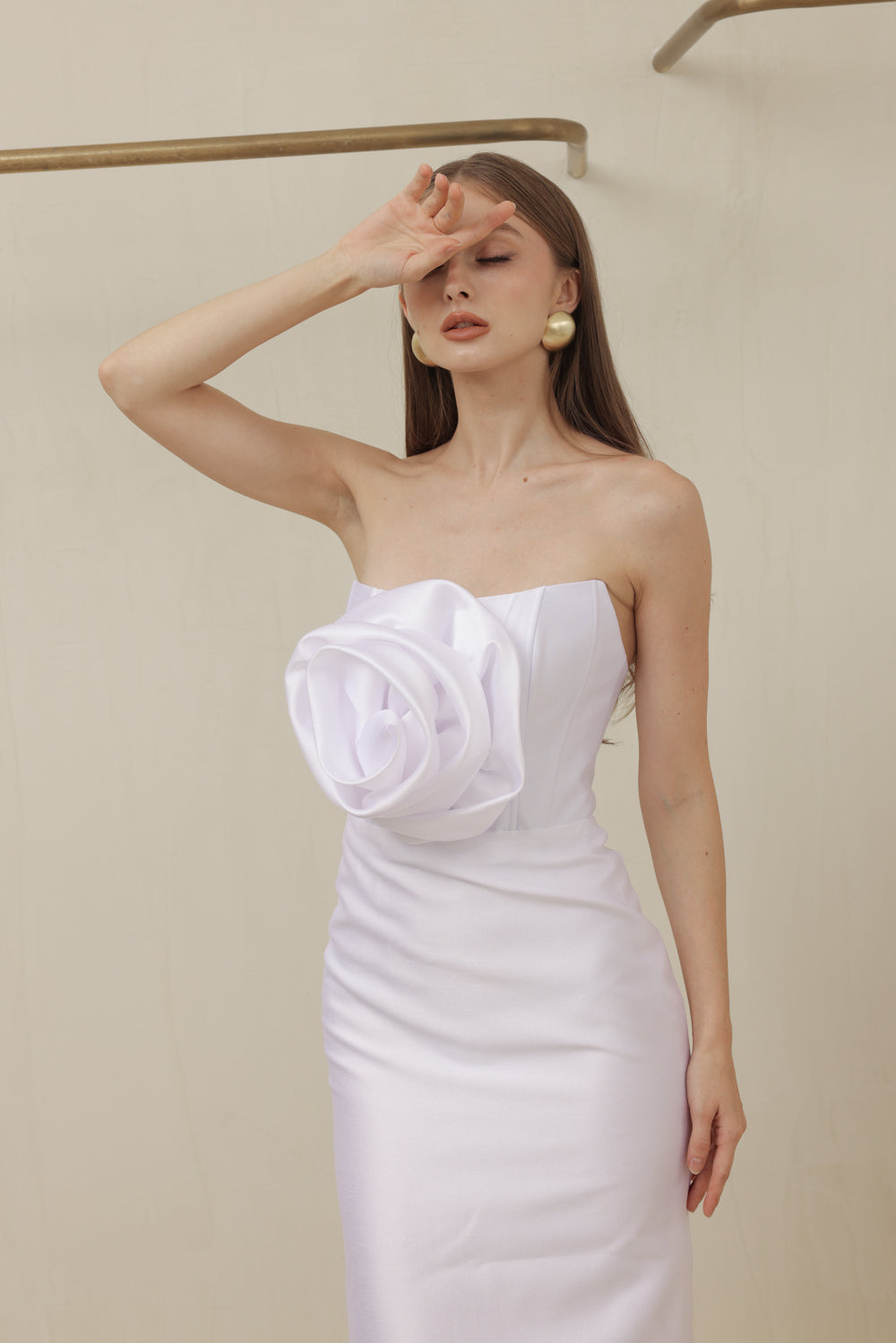 ZOO LABEL COUTURE VIVIENNE GOWN Strapless Corset Pencil Skirt Gown with Oversize Floral Detail (White Gazaar) SAME DAY DELIVERY - MEDIUM