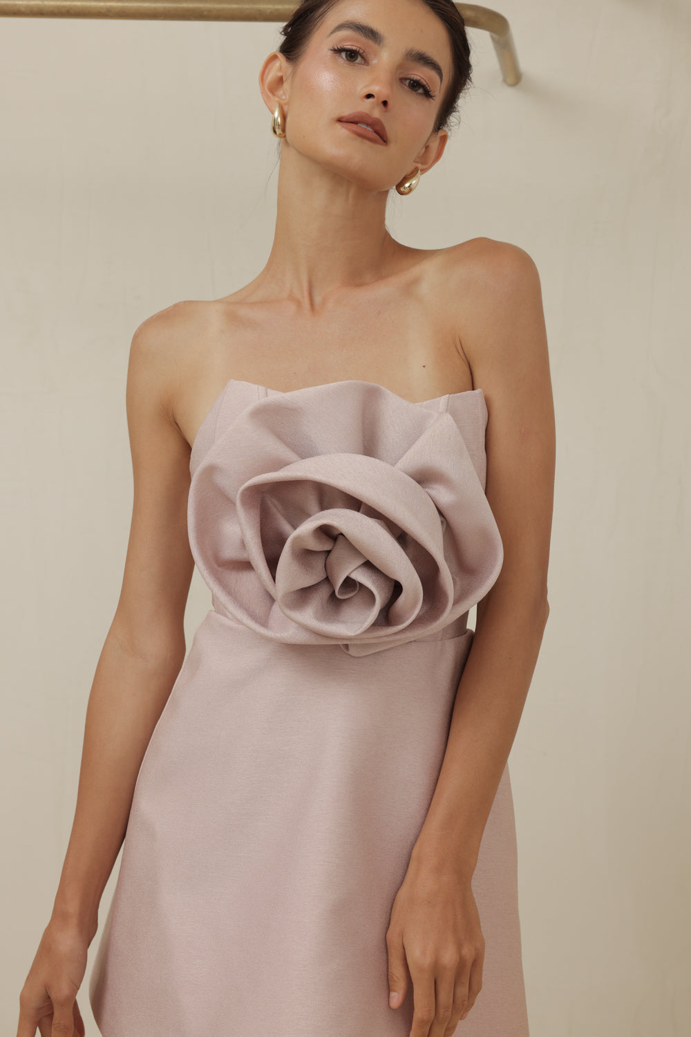 ZOO LABEL COUTURE AMANDINE GOWN Strapless Corset Mini Skirt Gown with Oversize Floral Detail (Camel Gazaar)