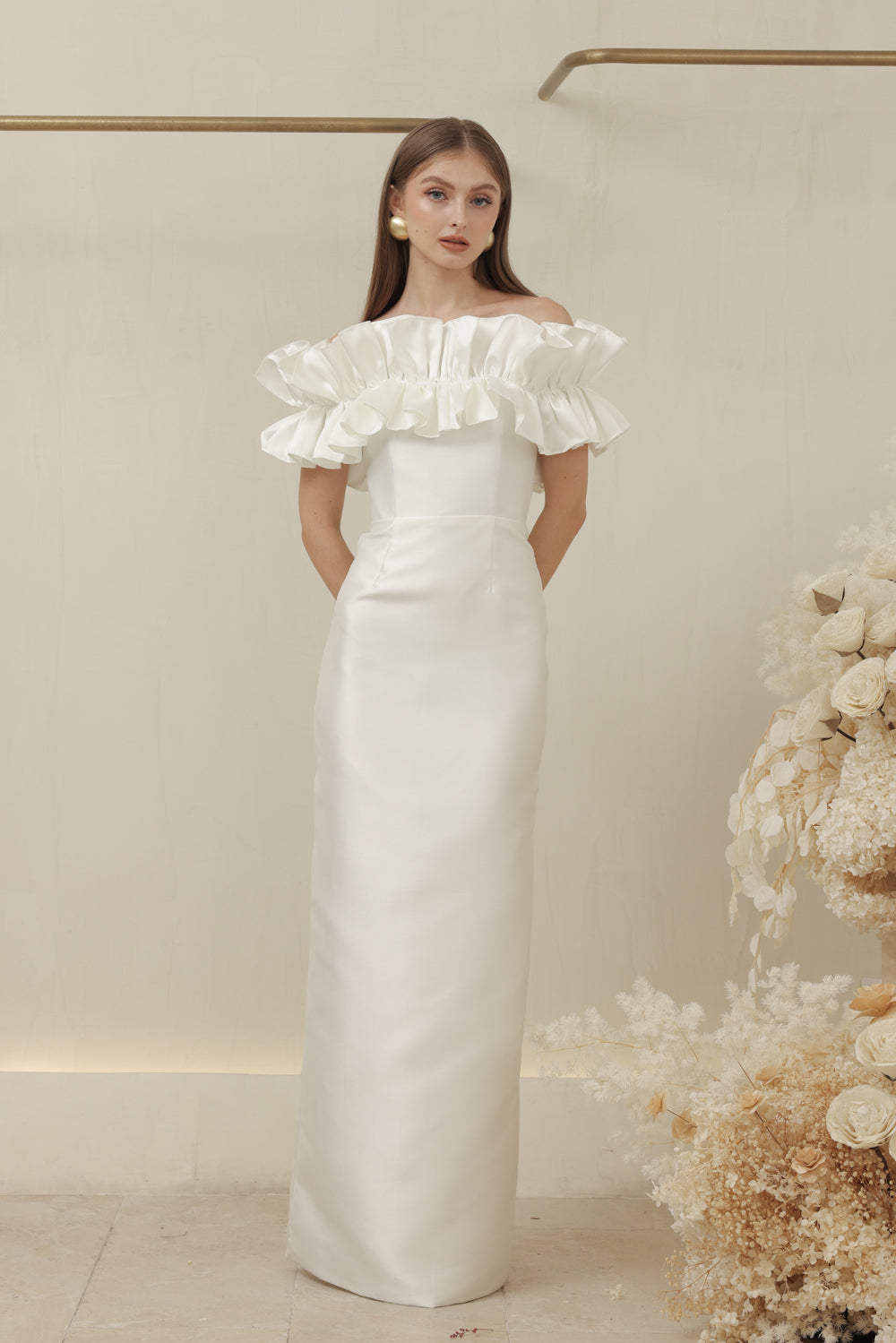 CLEMENTINE DRESS Off Shoulder Pencil Skirt Gown with Oversize Ruffle (Ivory White Dupioni)