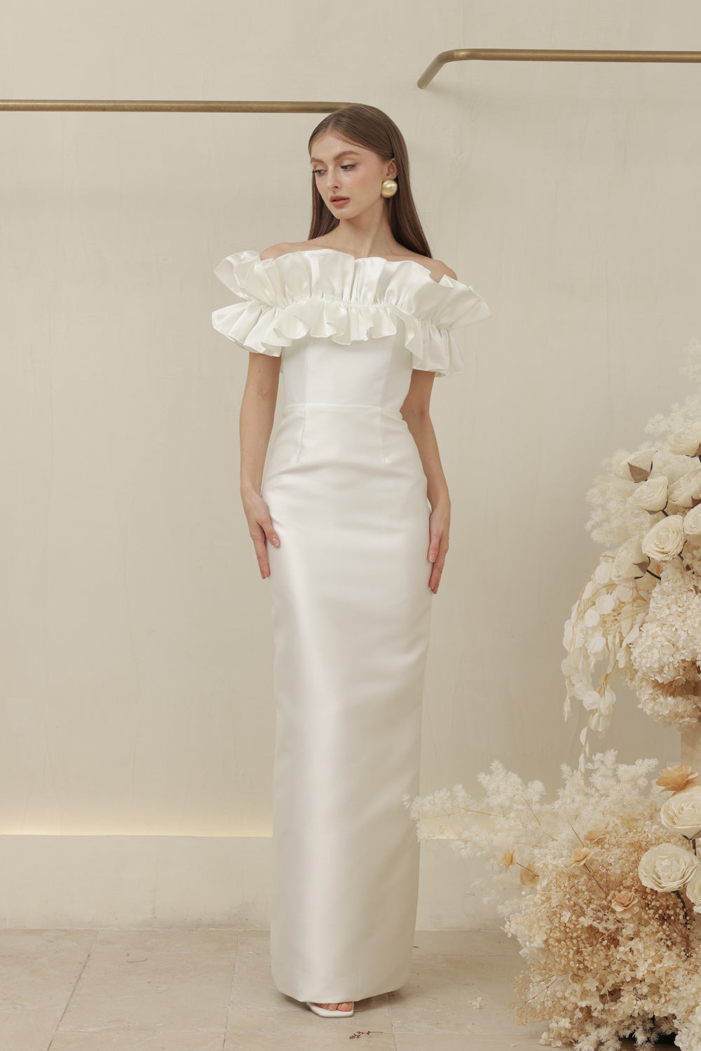 CLEMENTINE DRESS Off Shoulder Pencil Skirt Gown with Oversize Ruffle (Ivory White Dupioni)