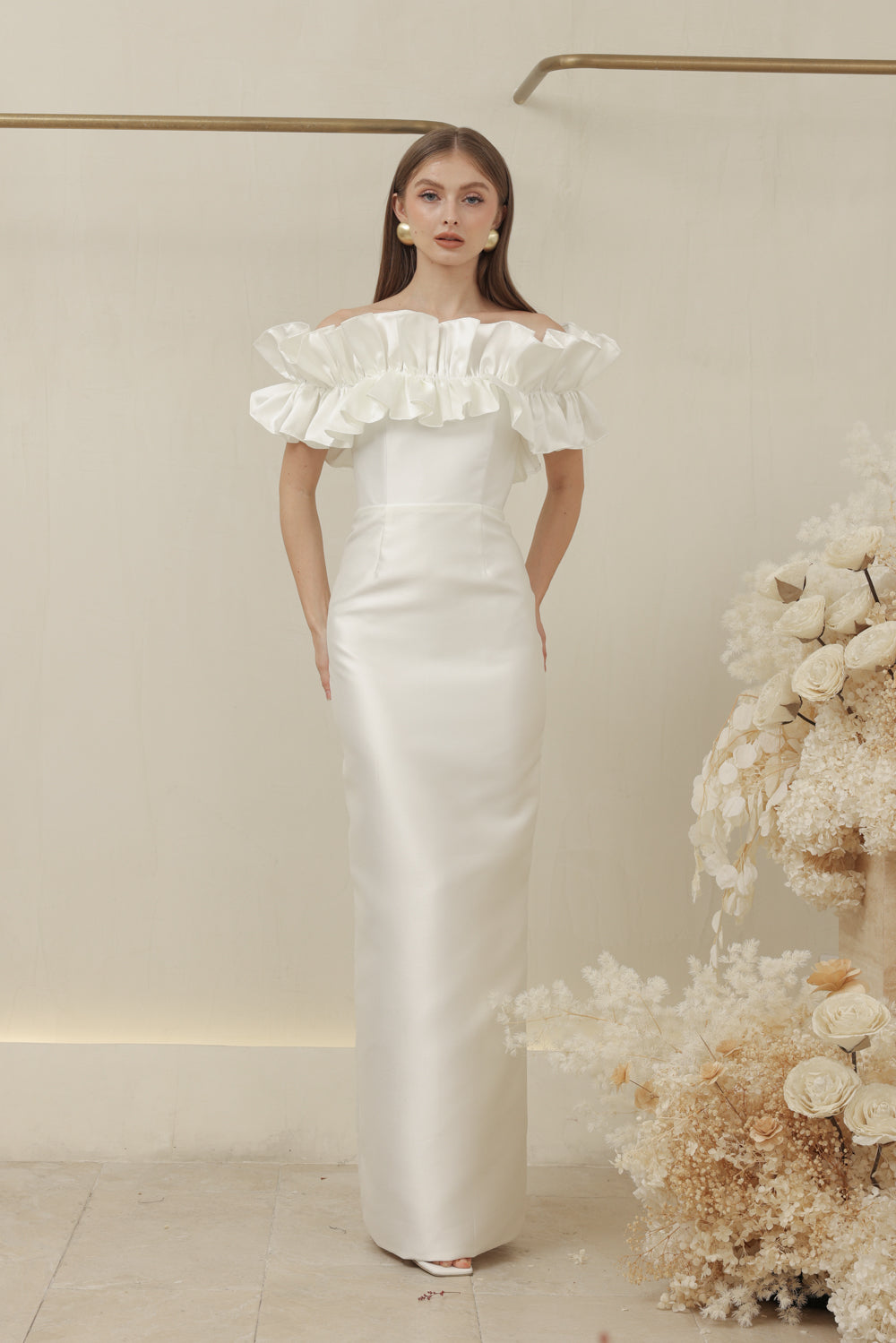 CLEMENTINE DRESS Off Shoulder Pencil Skirt Gown with Oversize Ruffle (Ivory White Dupioni)