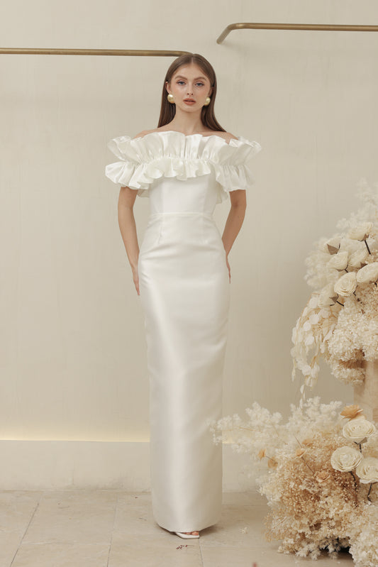 CLEMENTINE DRESS Off Shoulder Pencil Skirt Gown with Oversize Ruffle (Ivory White Dupioni)