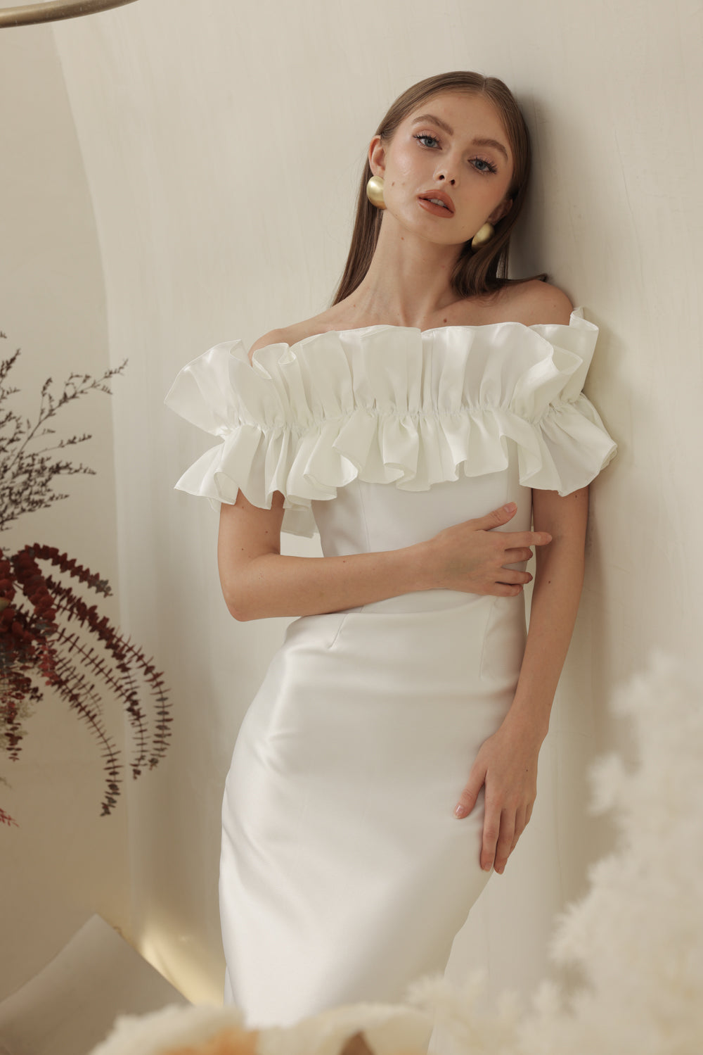 CLEMENTINE DRESS Off Shoulder Pencil Skirt Gown with Oversize Ruffle (Ivory White Dupioni)