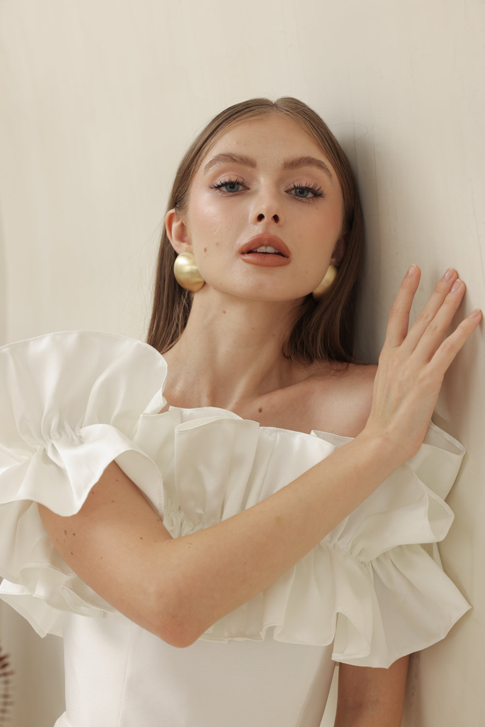 CLEMENTINE DRESS Off Shoulder Pencil Skirt Gown with Oversize Ruffle (Ivory White Dupioni)