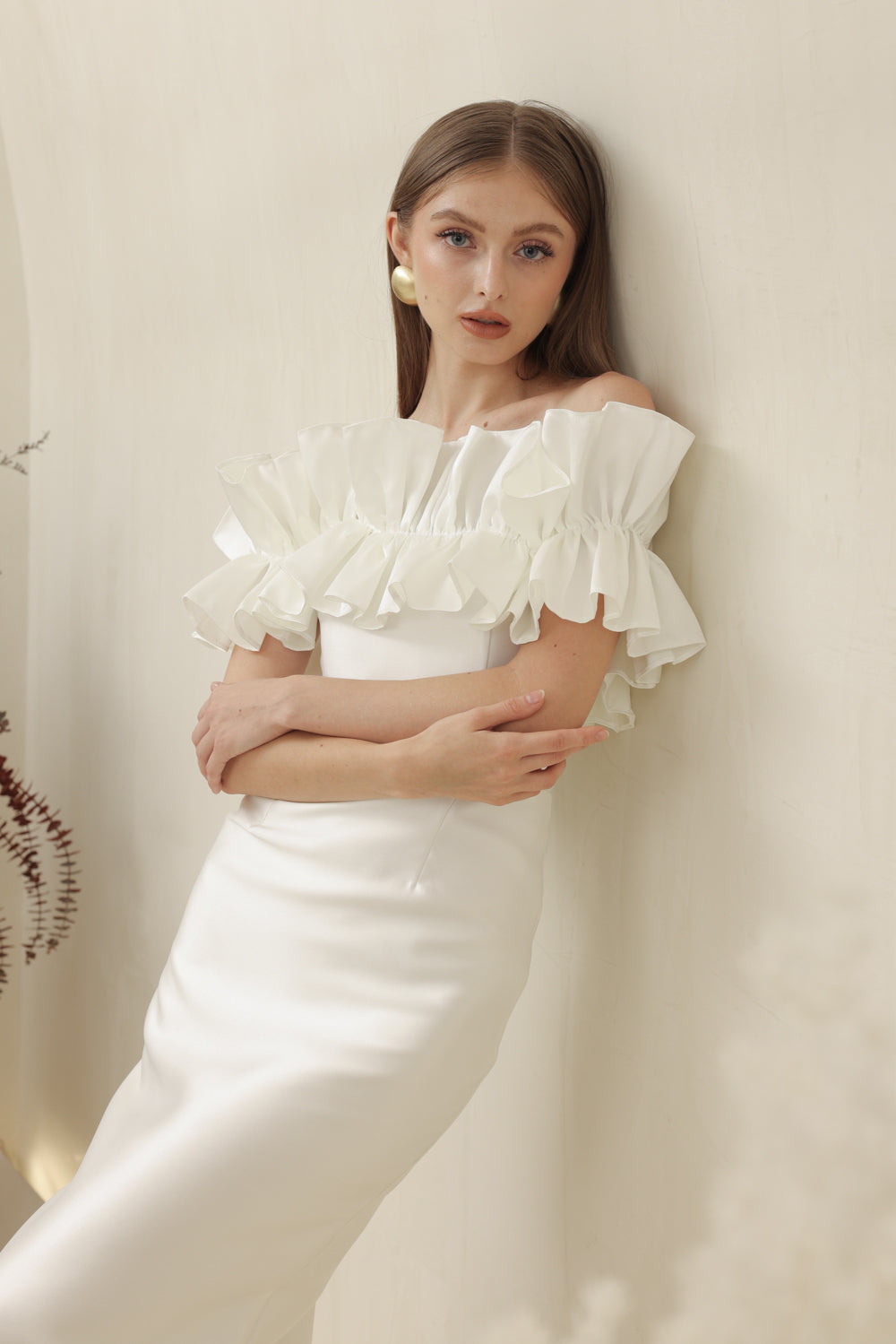 CLEMENTINE DRESS Off Shoulder Pencil Skirt Gown with Oversize Ruffle (Ivory White Dupioni)