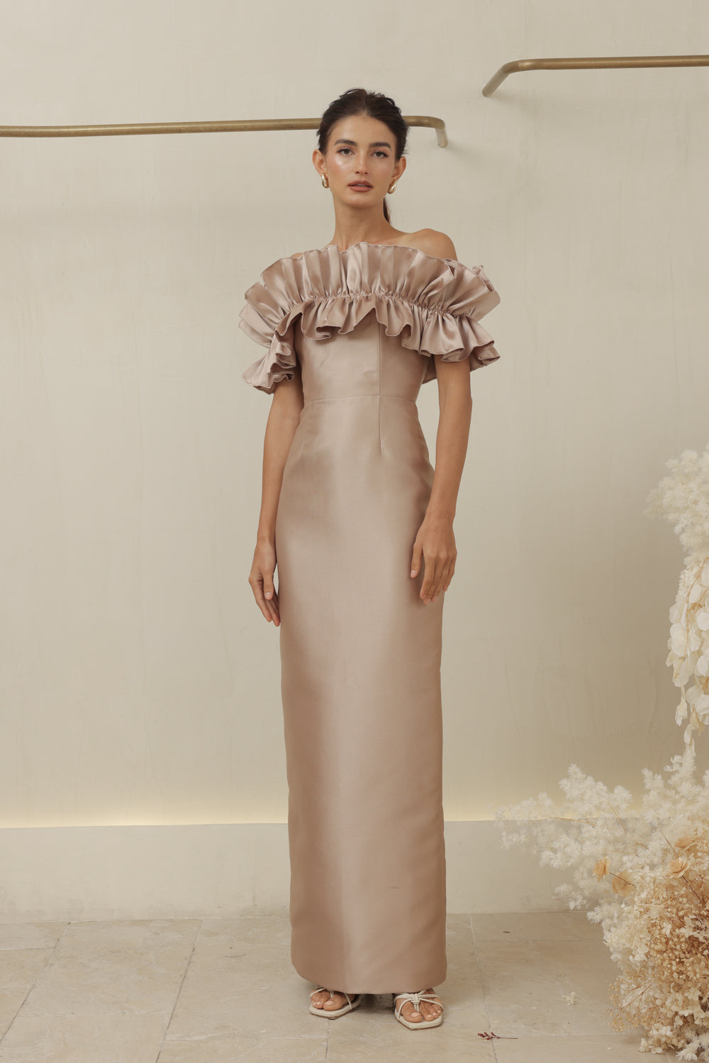 CLEMENTINE DRESS Off Shoulder Pencil Skirt Gown with Oversize Ruffle (Tan Dupioni)
